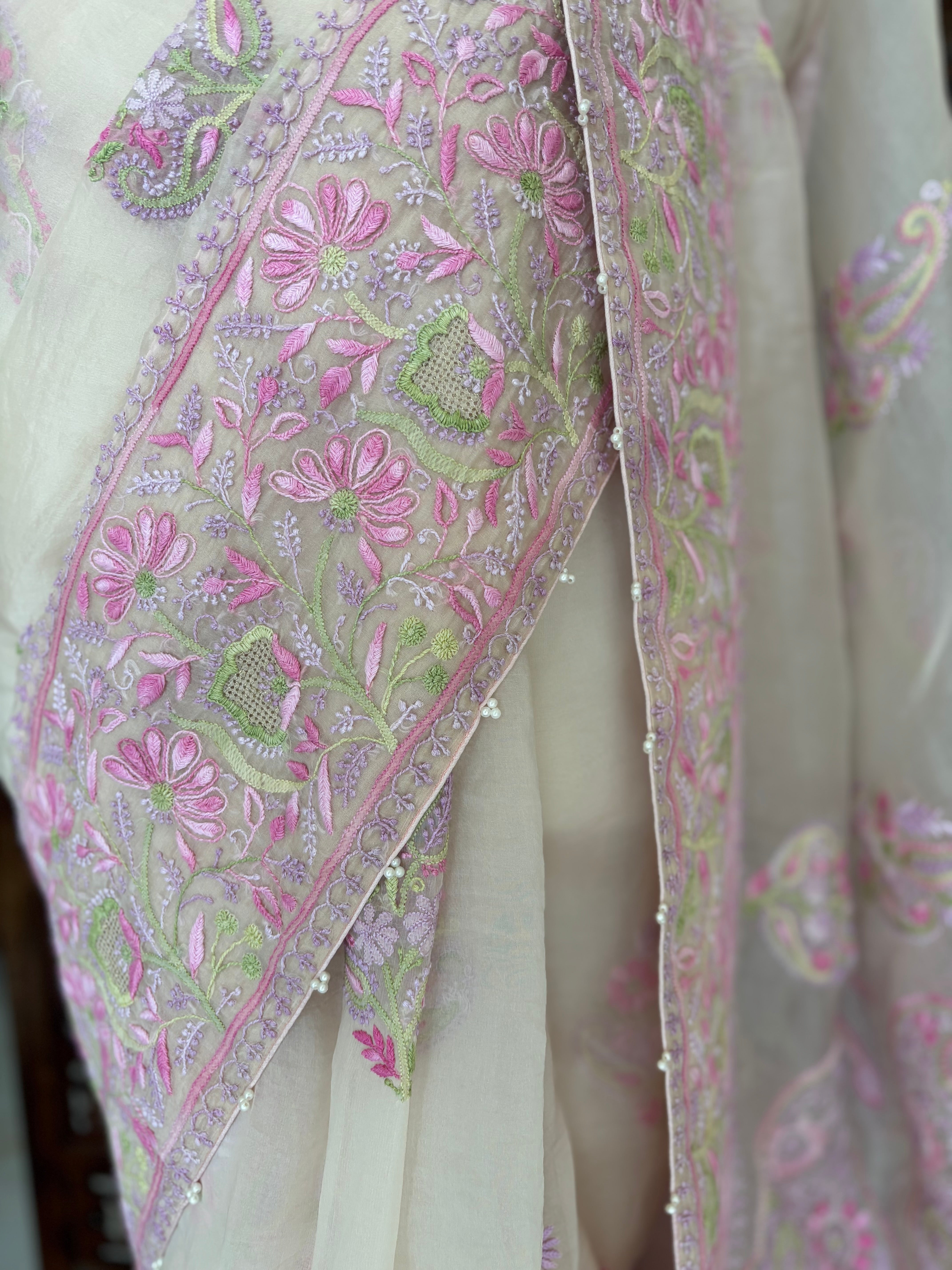 Nude Peach Pure & Premium Organza Chikankari Saree & Blouses - Pleats PleaseChikankari