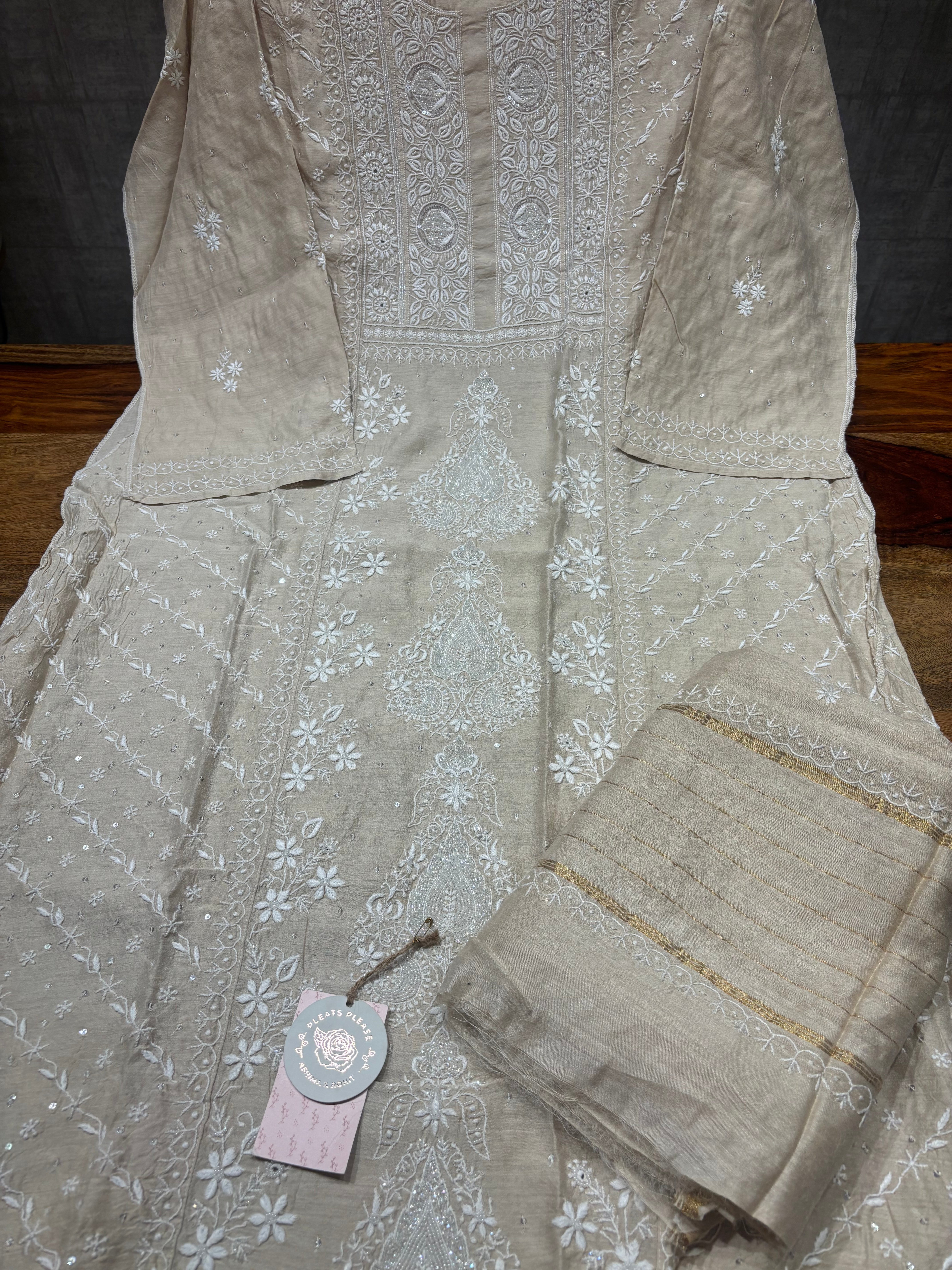 Dyeable Monga Silk Chikankari Kurta and Dupatta set