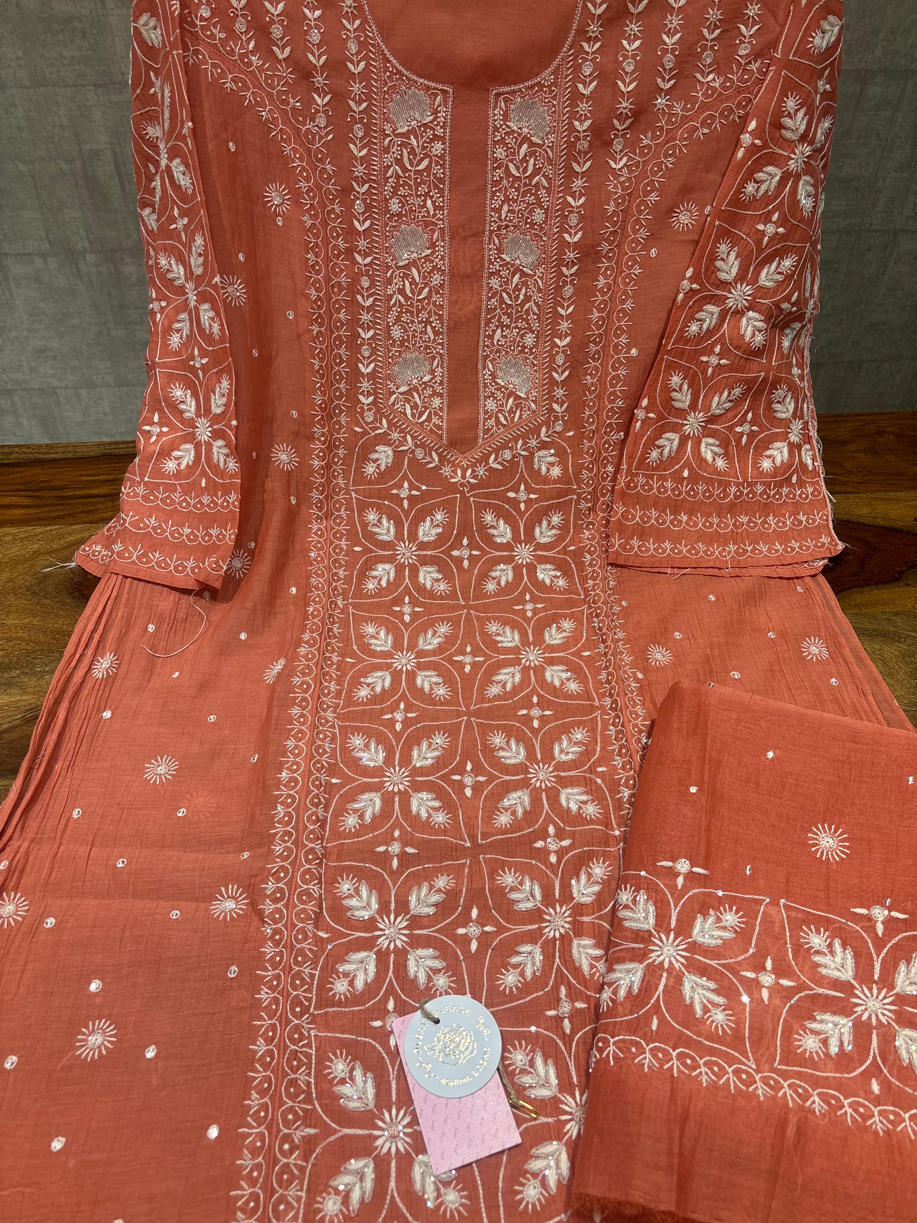 Coral Chanderi Mul Chikankari Kurta and Dupatta Set