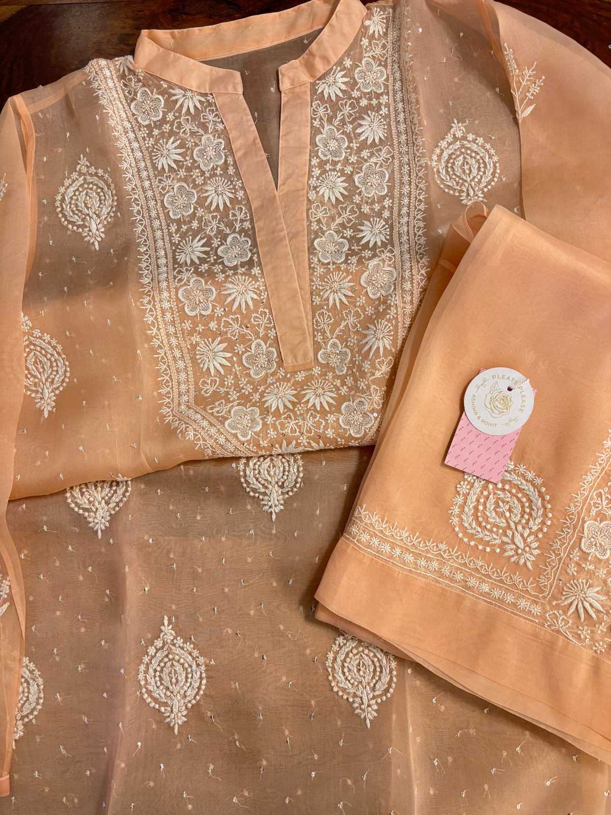 Peach Pure Organza Chikankari Co-ord Set - Pleats PleaseChikankari