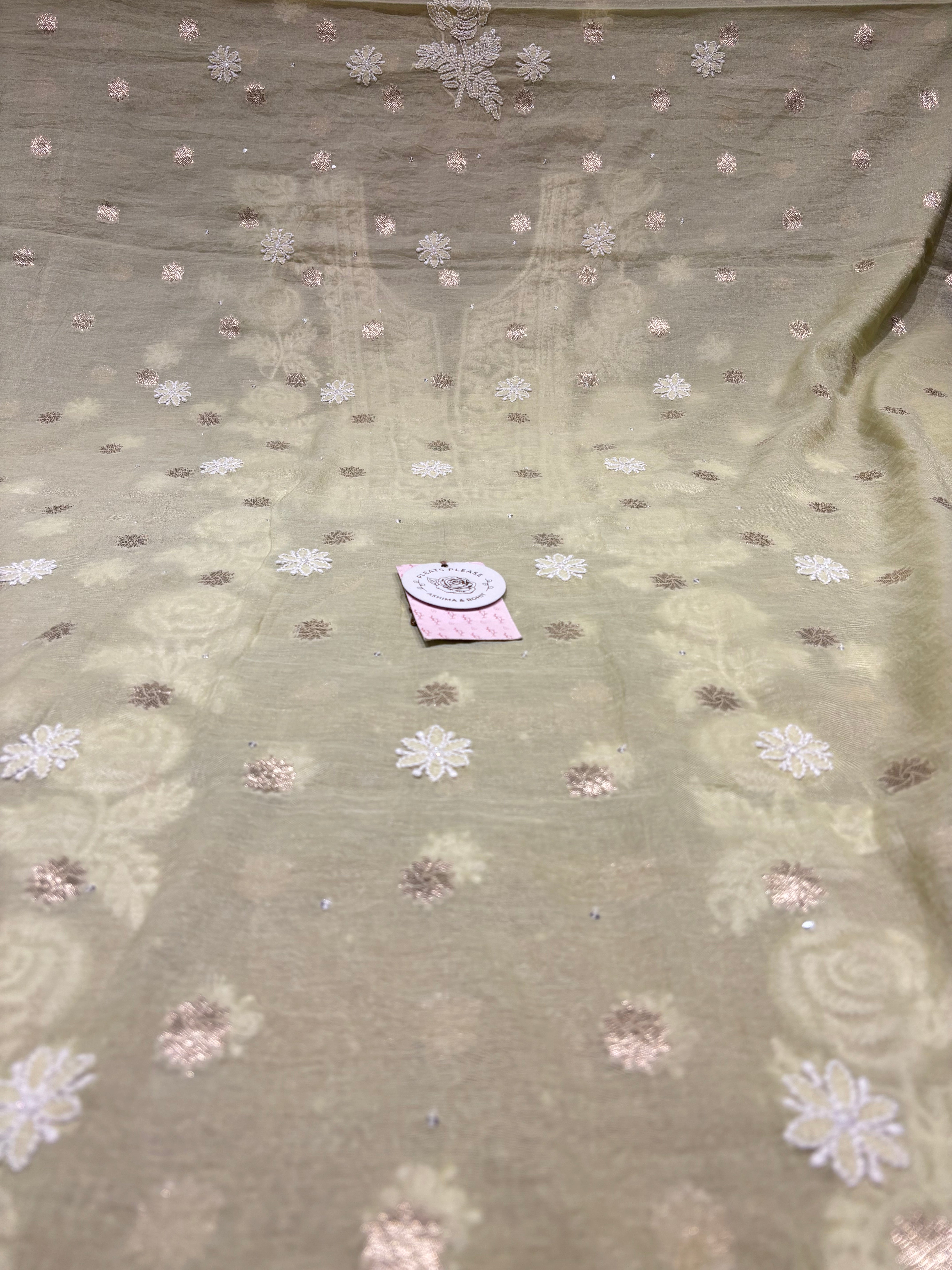 Pistachio Green Chanderi Silk Chikankari Kurta & Dupatta Fabric