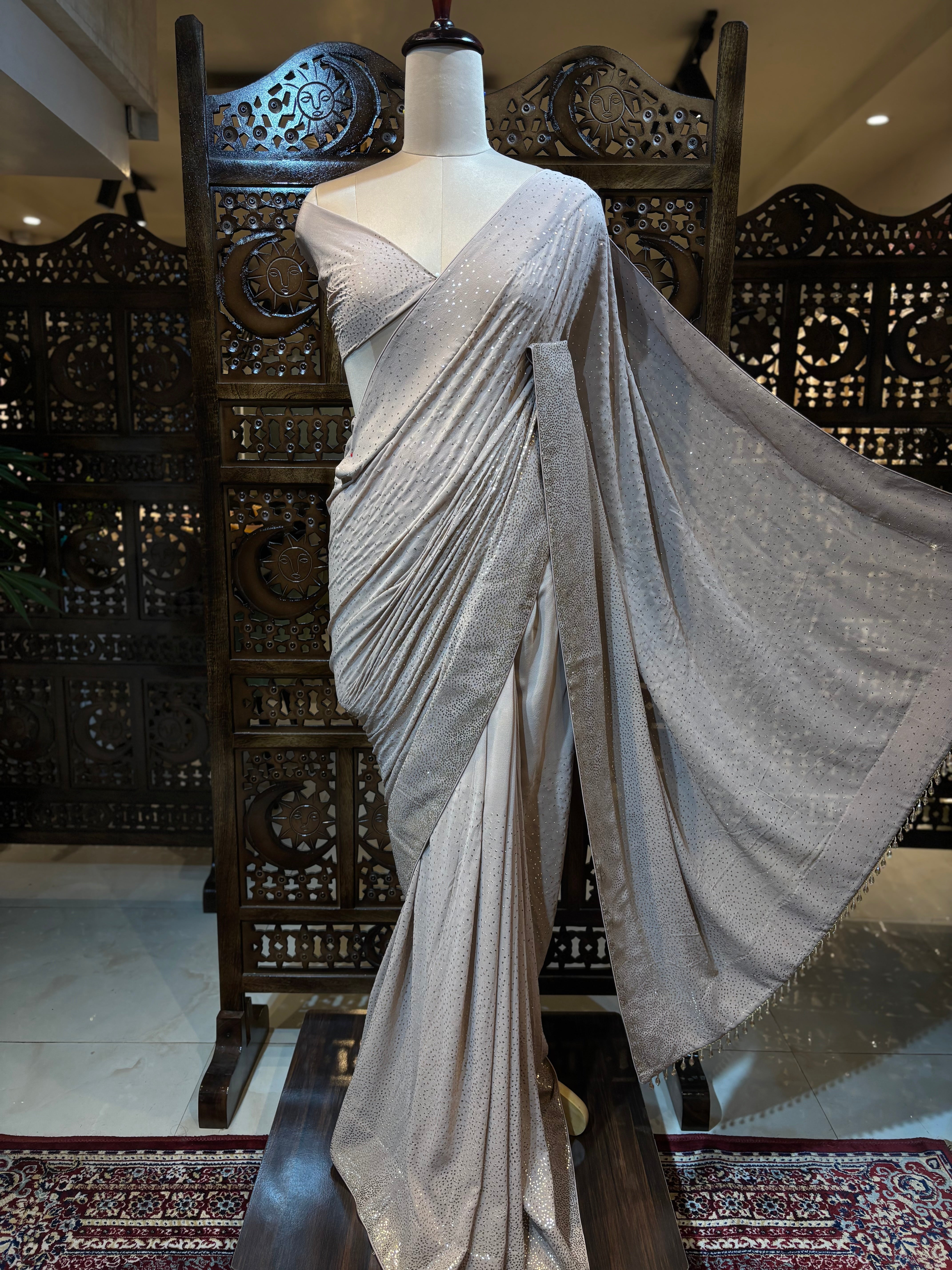 Brown Pure & Premium Georgette Mukaish Saree & Blouse - Pleats PleaseChikankari