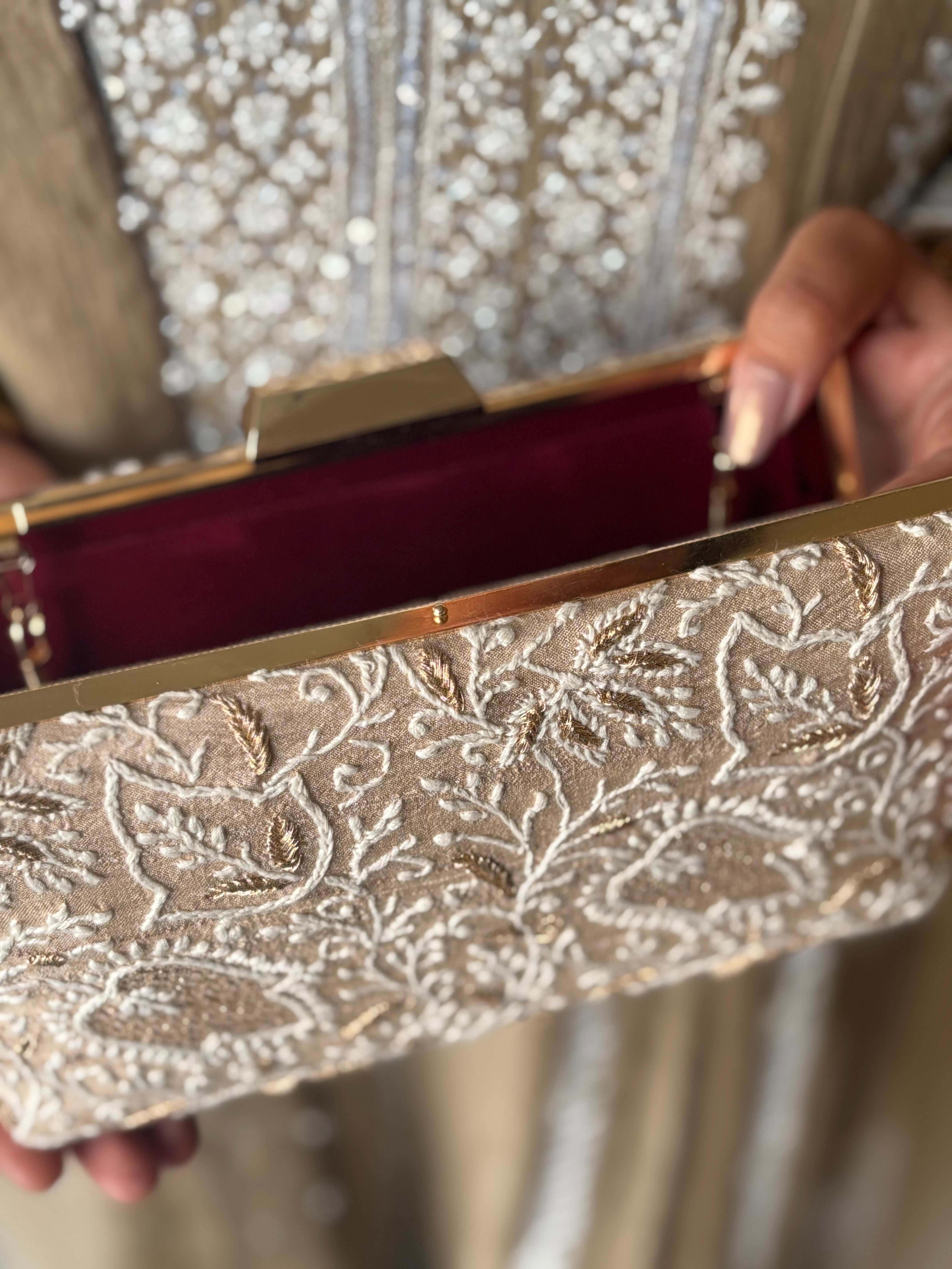 Beige Silk Chikankari Clutch