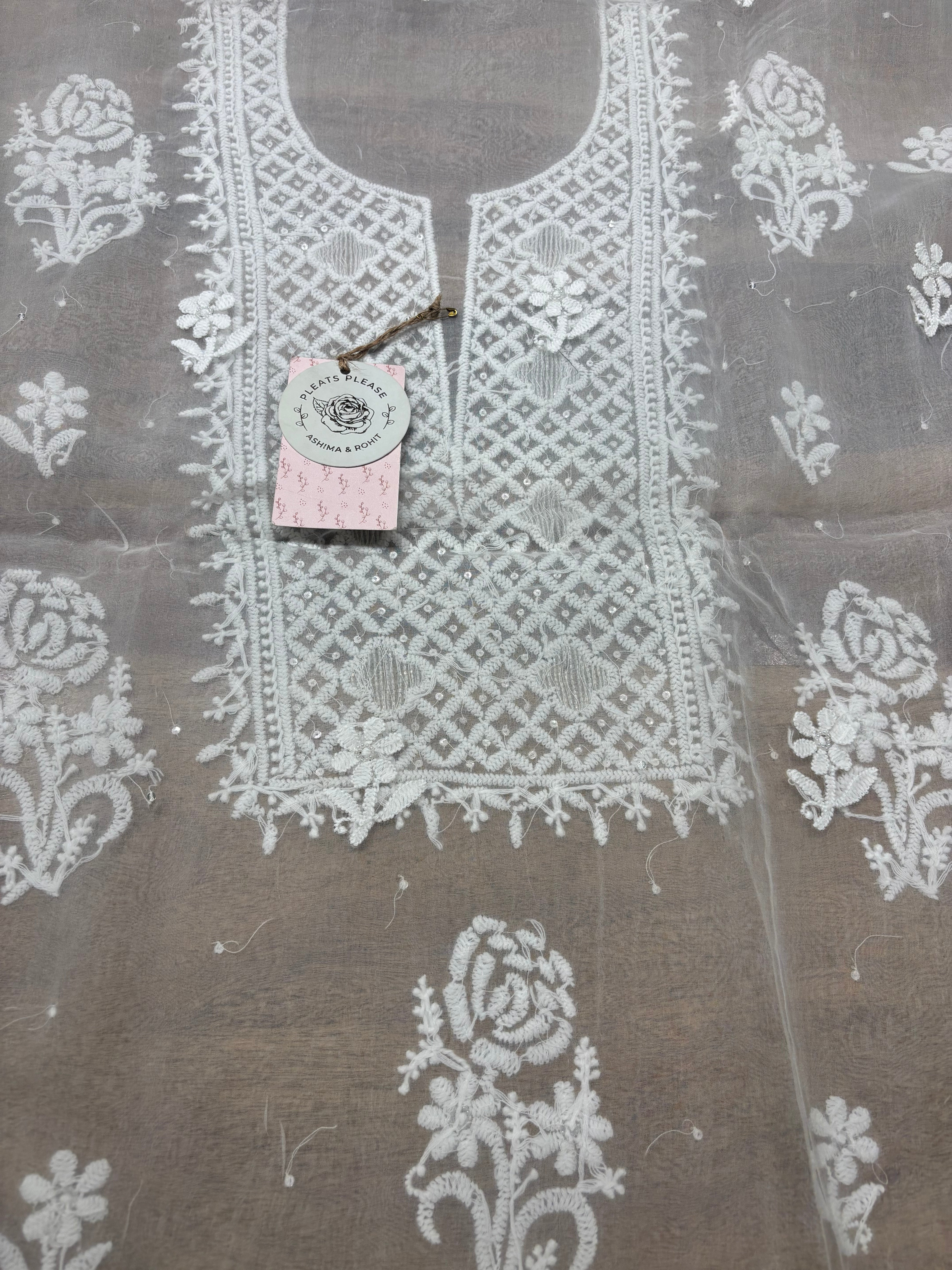 Dyeable Pure Organza Silk Chikankari Kurta And Dupatta Fabric