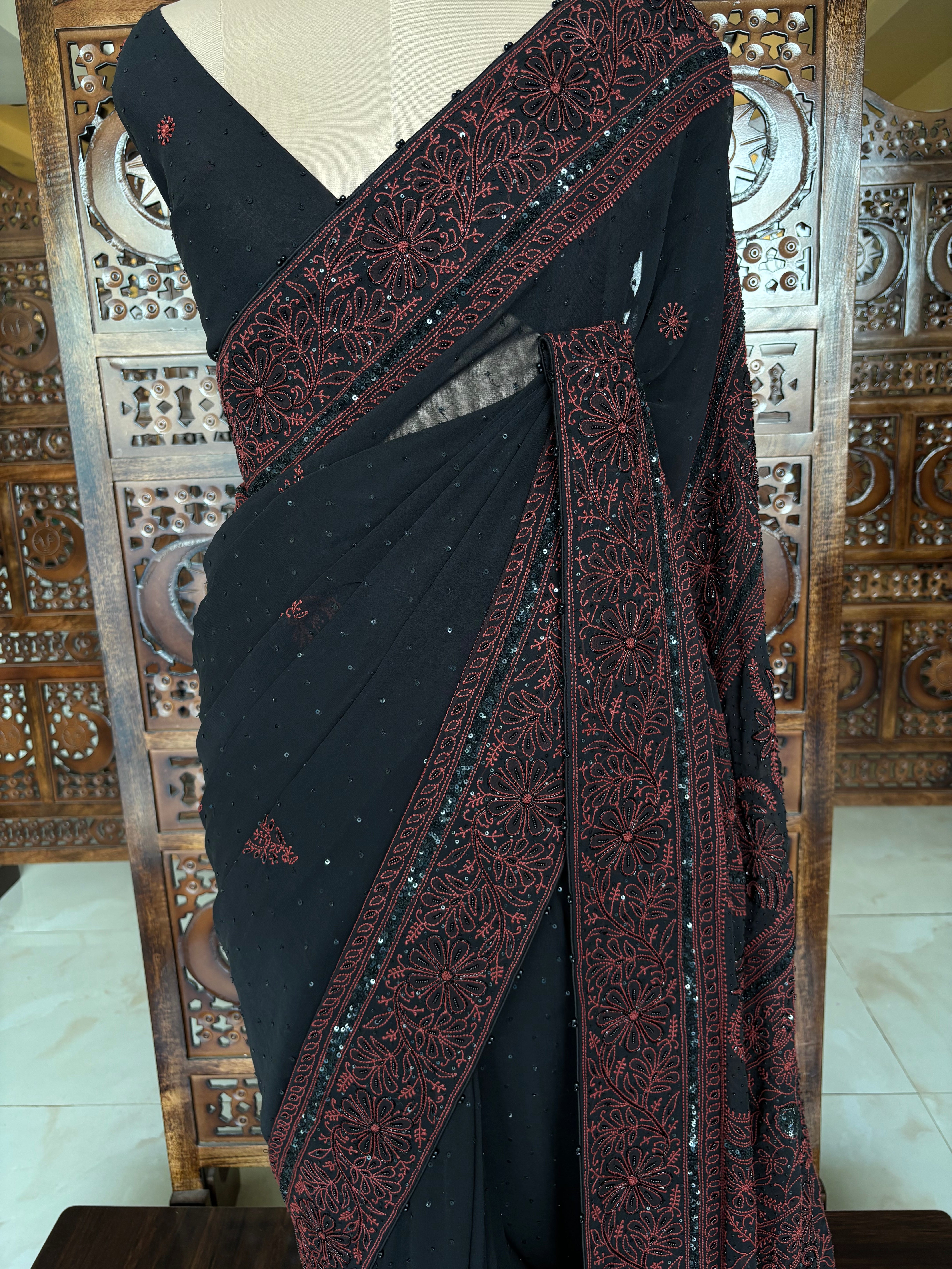 Black Pure & Premium Georgette Chikankari Saree