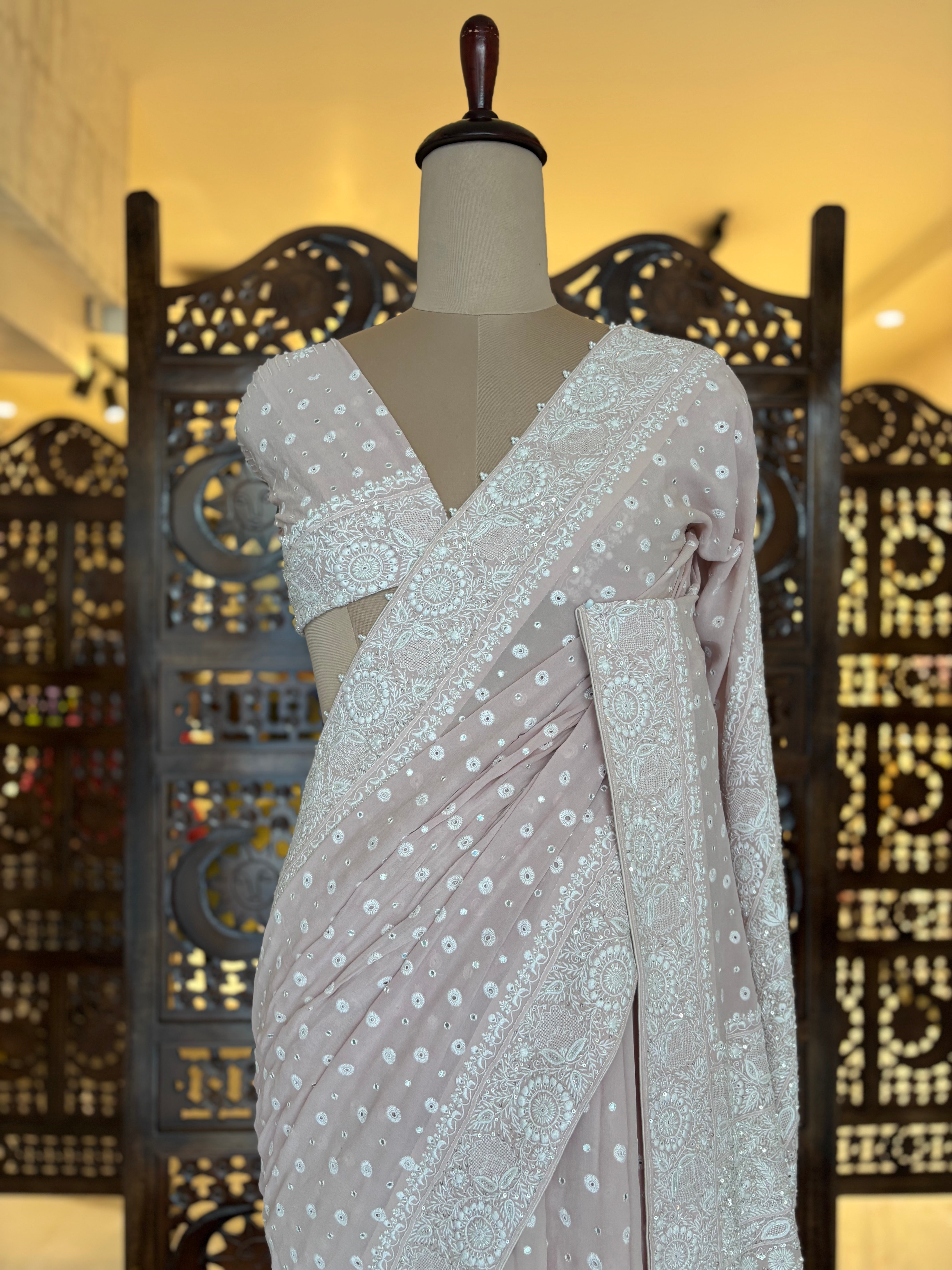 Lilac pure and premium Georgette Saree and Blouse - Pleats PleaseChikankari