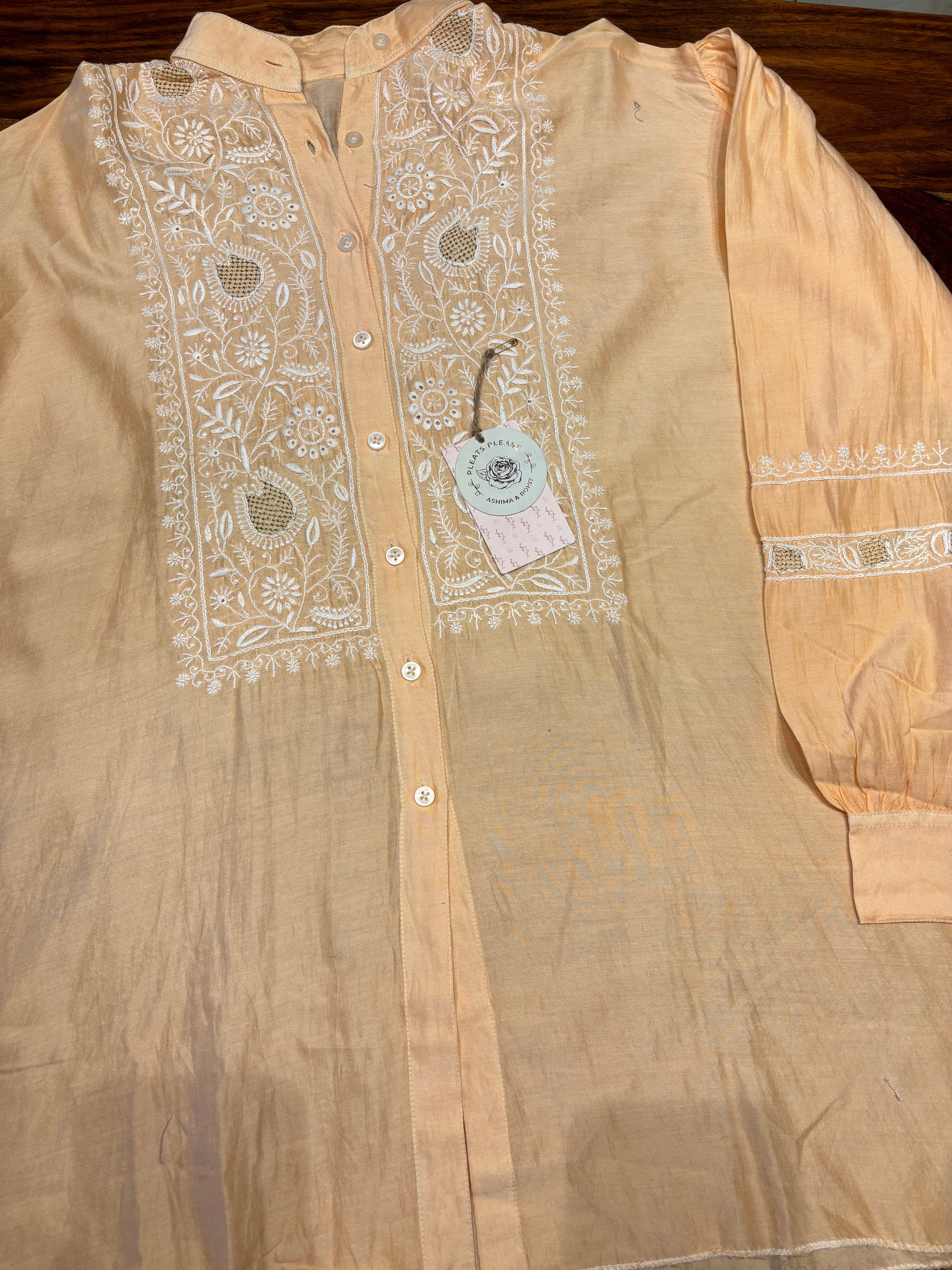 Peach Chanderi Silk Chikankari Shirt