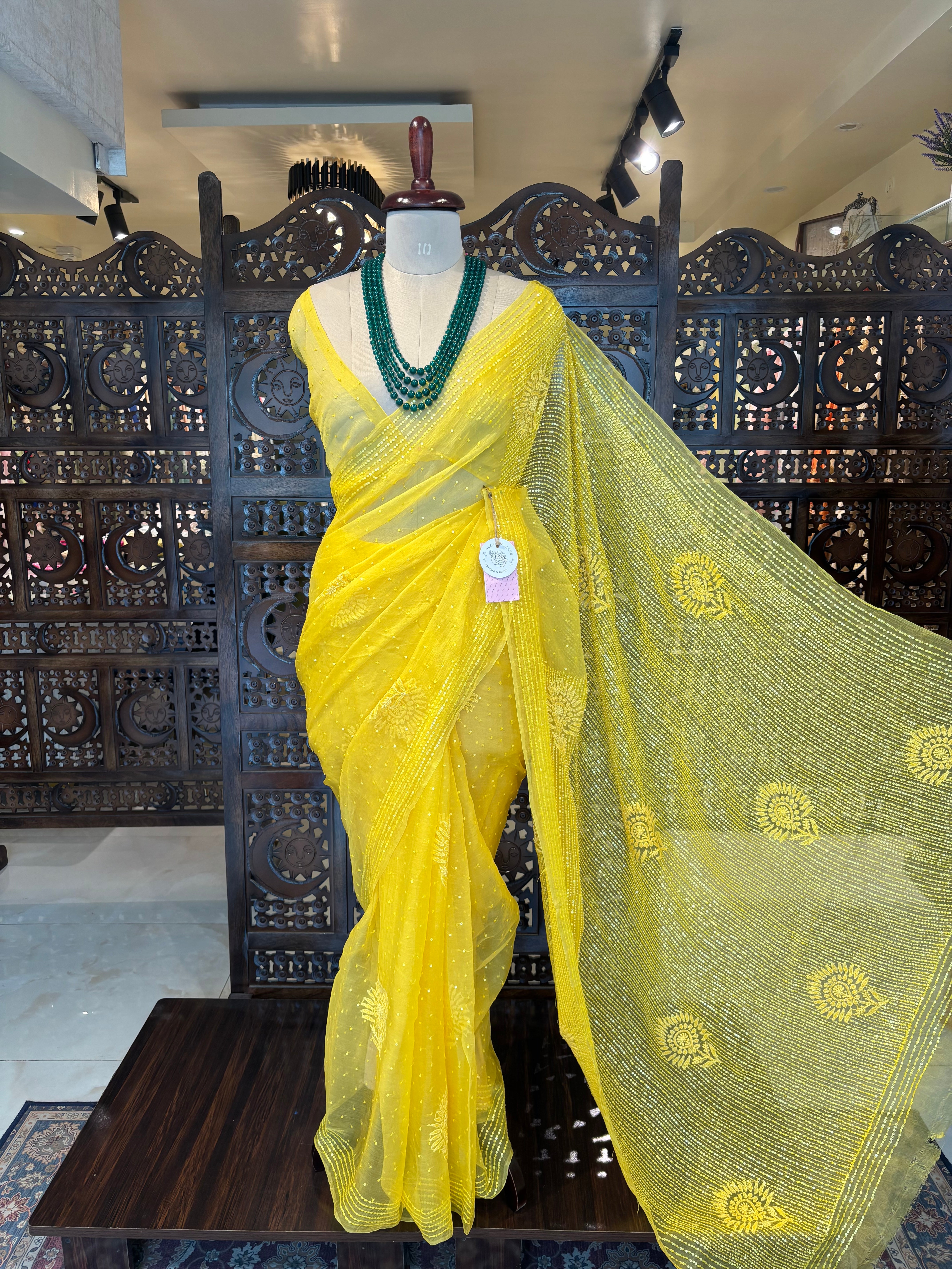 Yellow Pure Organza Chikankari Saree