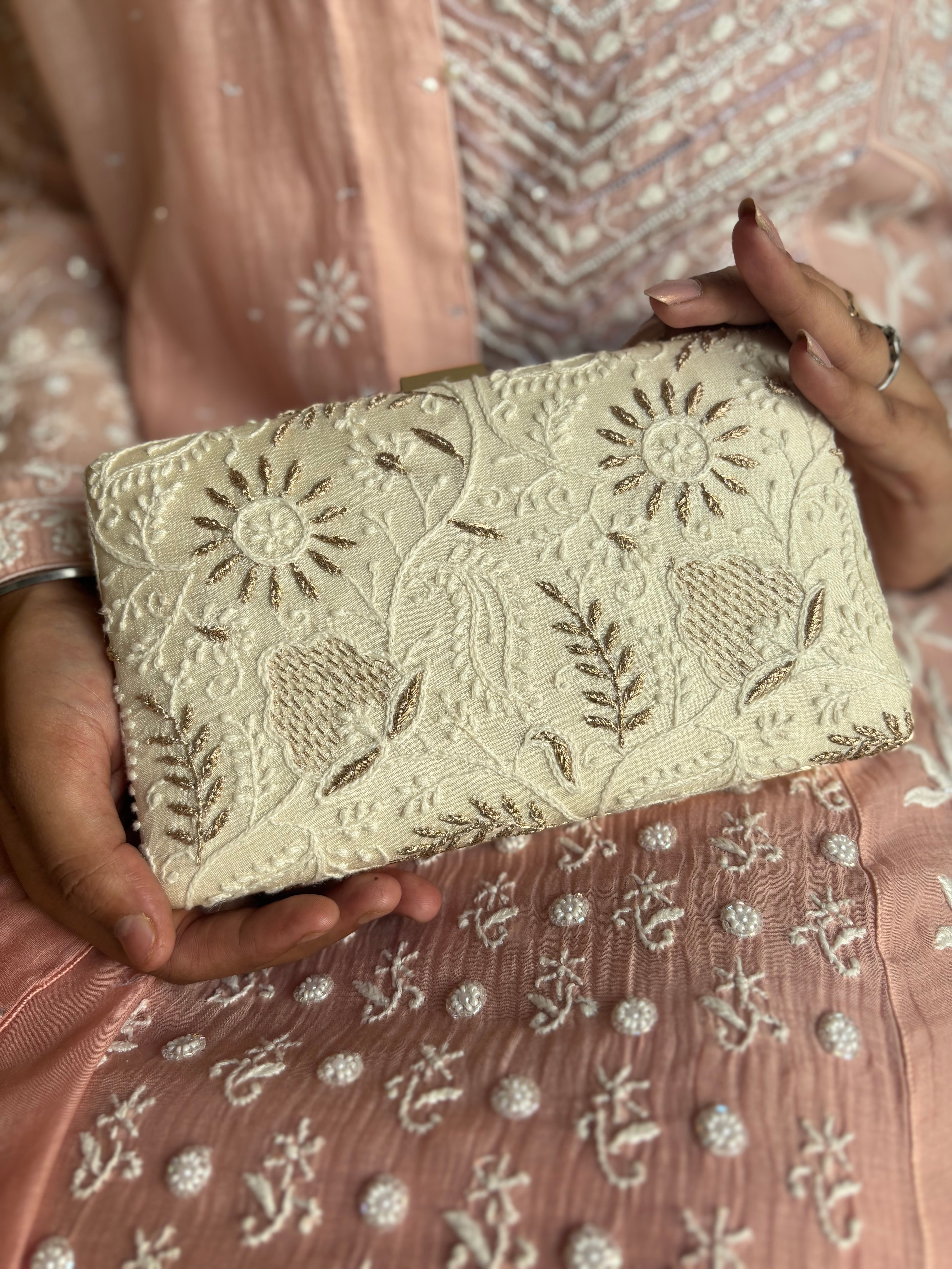 White Silk Chikankari Clutch
