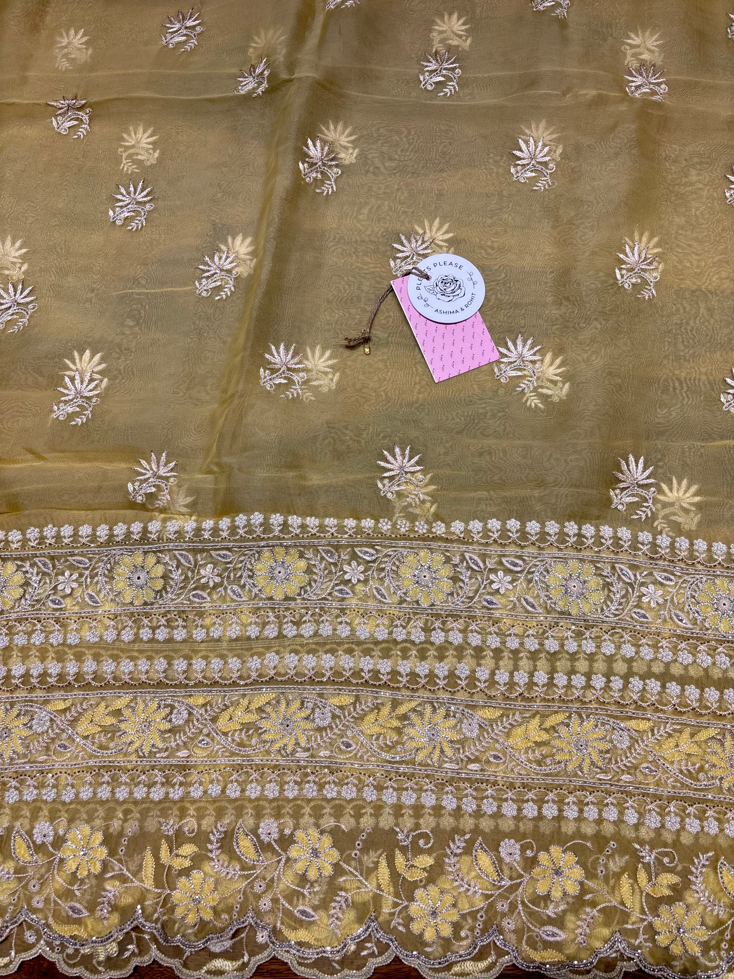 Yellow Pure & Premium Organza Silk Chikankari Kurta & Dupatta Fabric