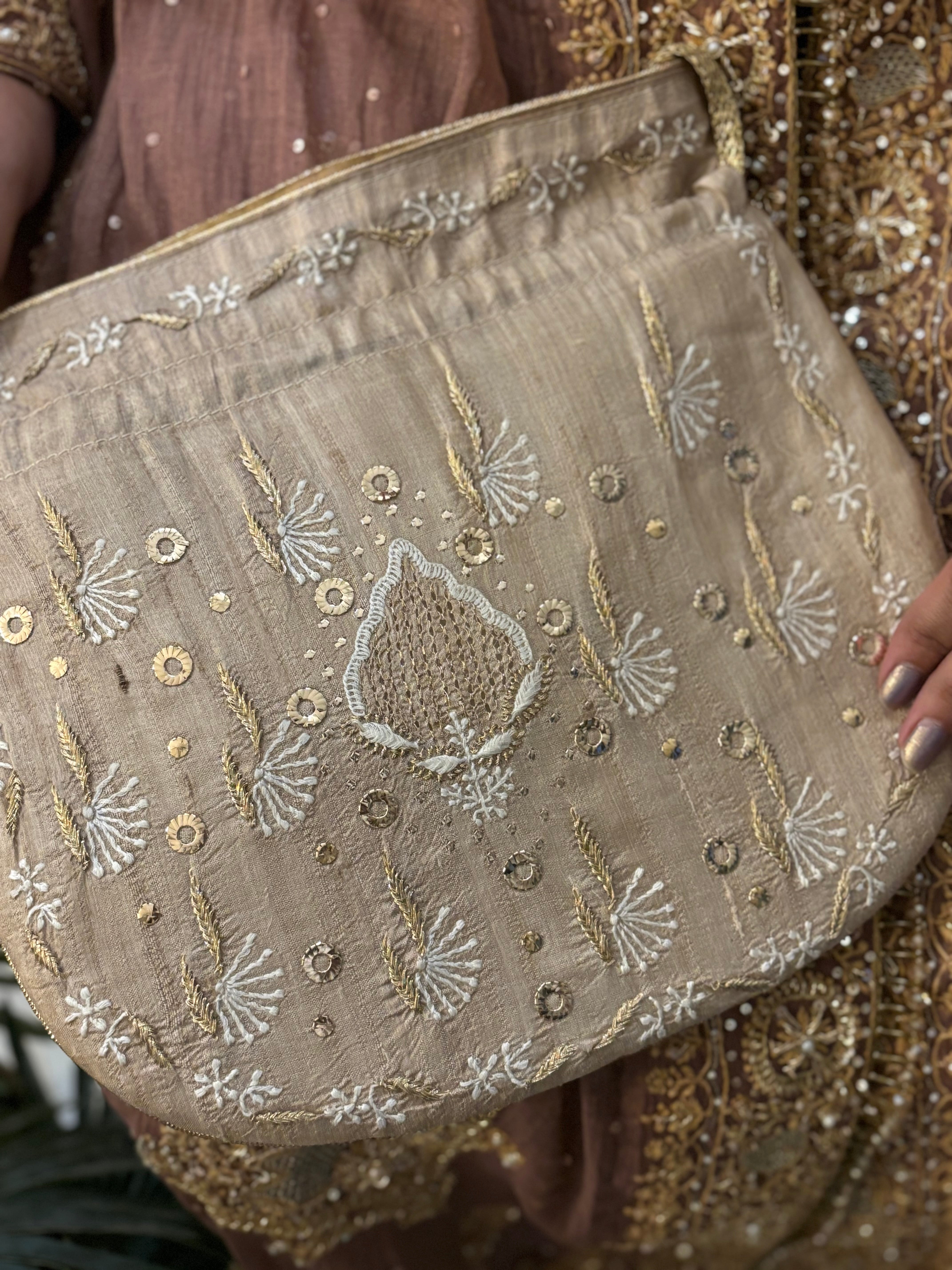 Beige Chikankari and Mukaish Batua