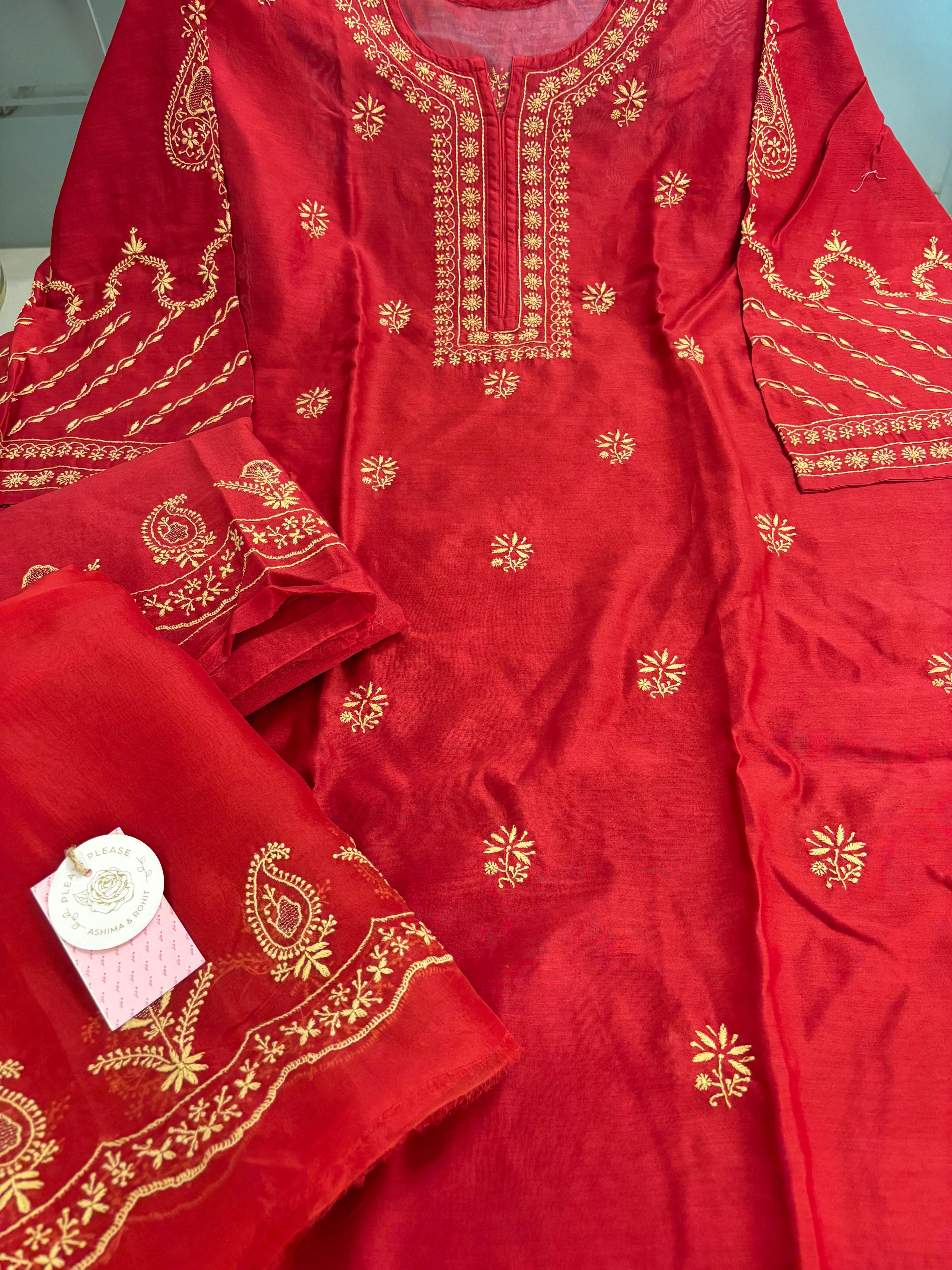 Crimson Red Chanderi Silk Chikankari Kurta,Bottom With Organza Dupatta