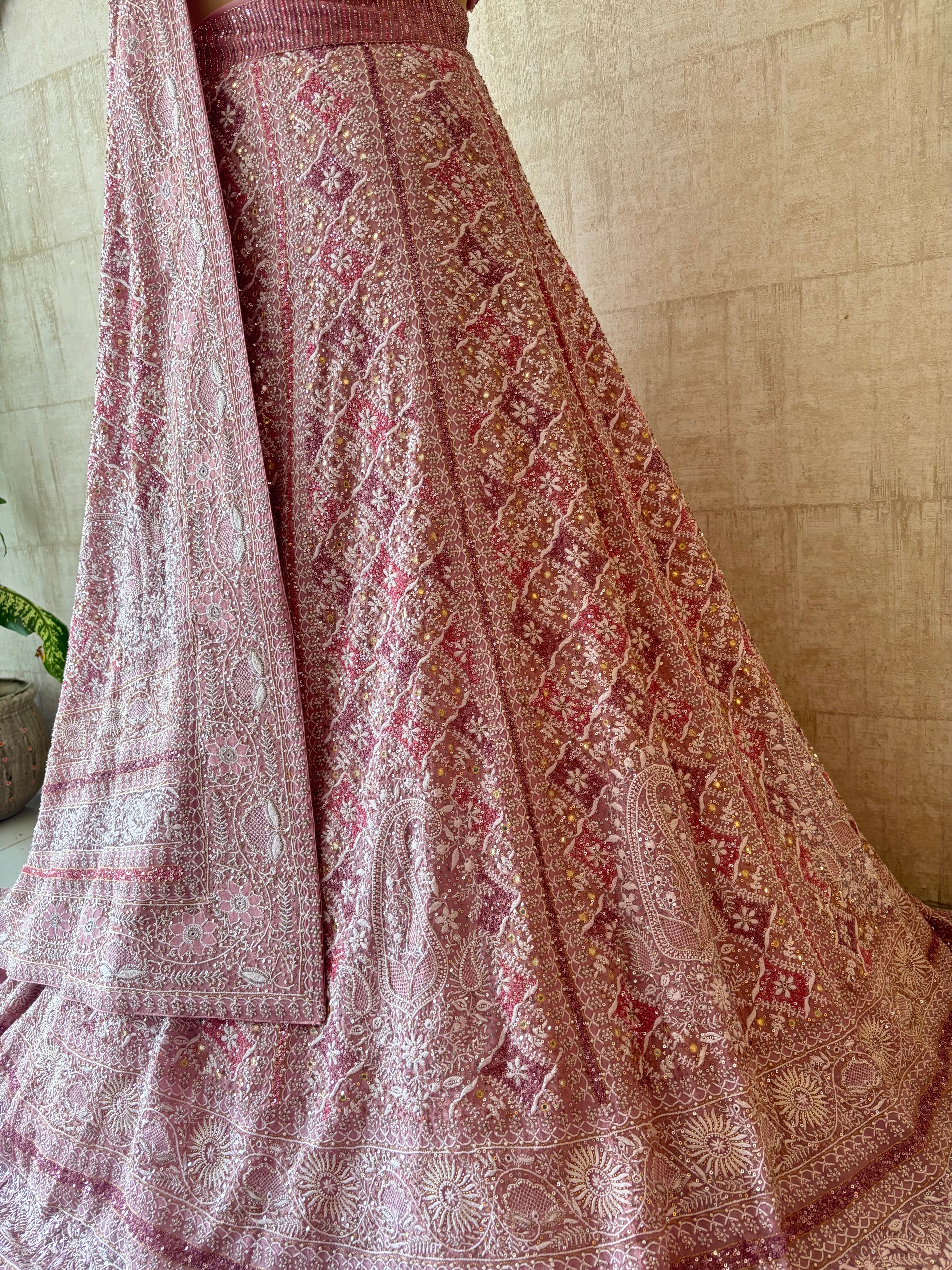 Onion Pink Pure & Premium Georgette Chikankari Lehenga Set