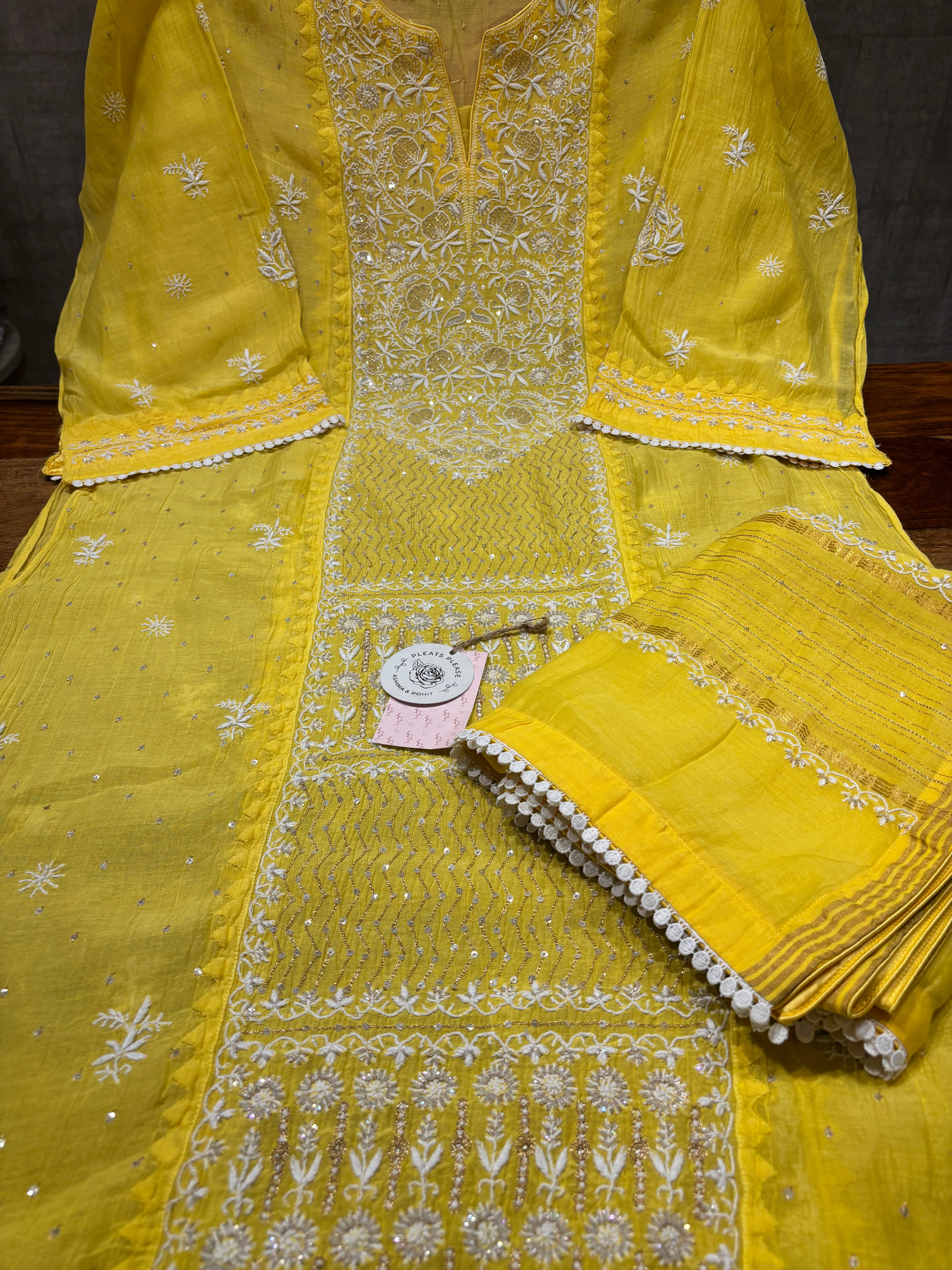 Yellow Chanderi Mul Chikankari Kurta and Dupatta set