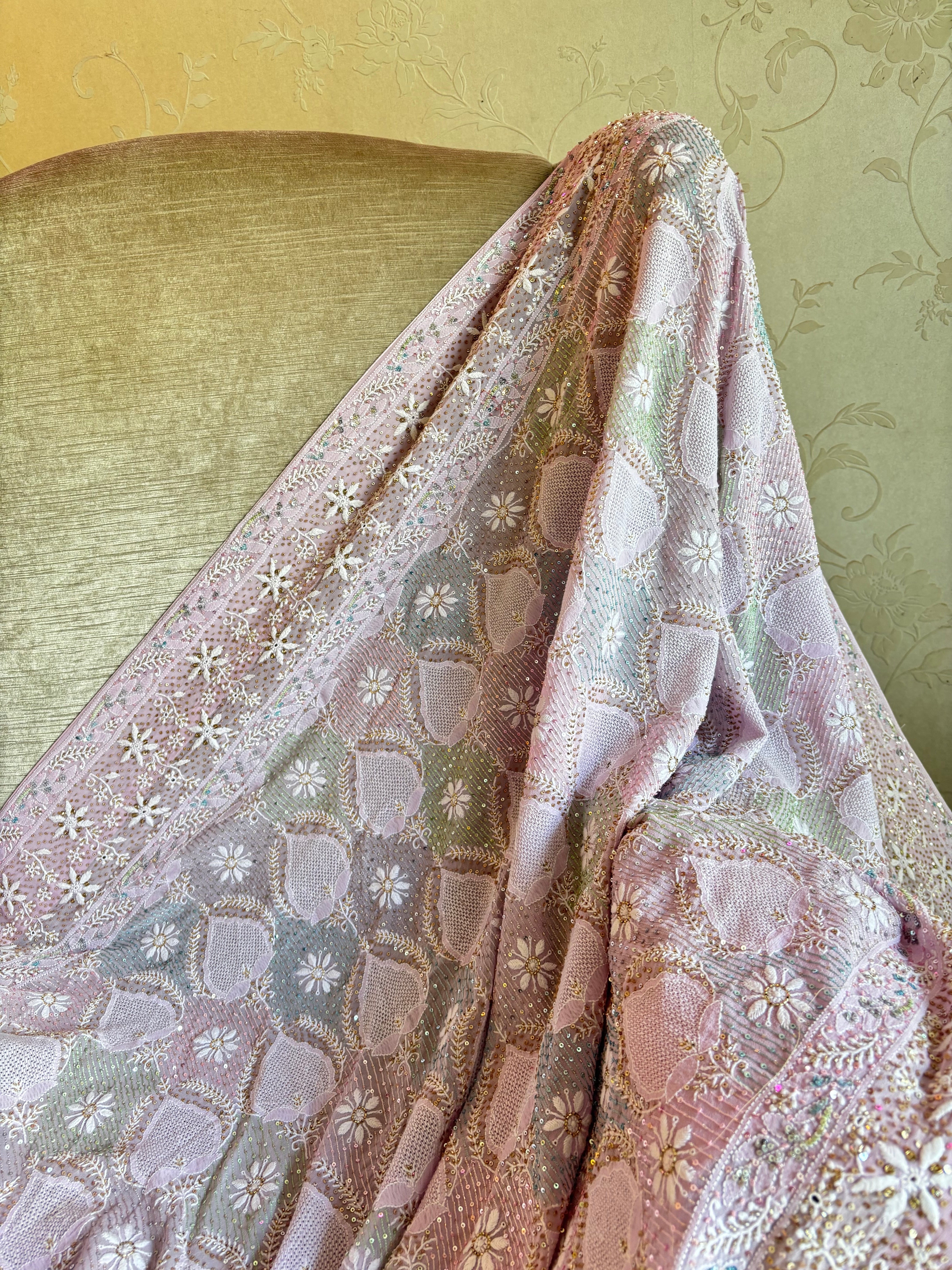 Lilac Pure Georgette Chikankari Saree and Blouse