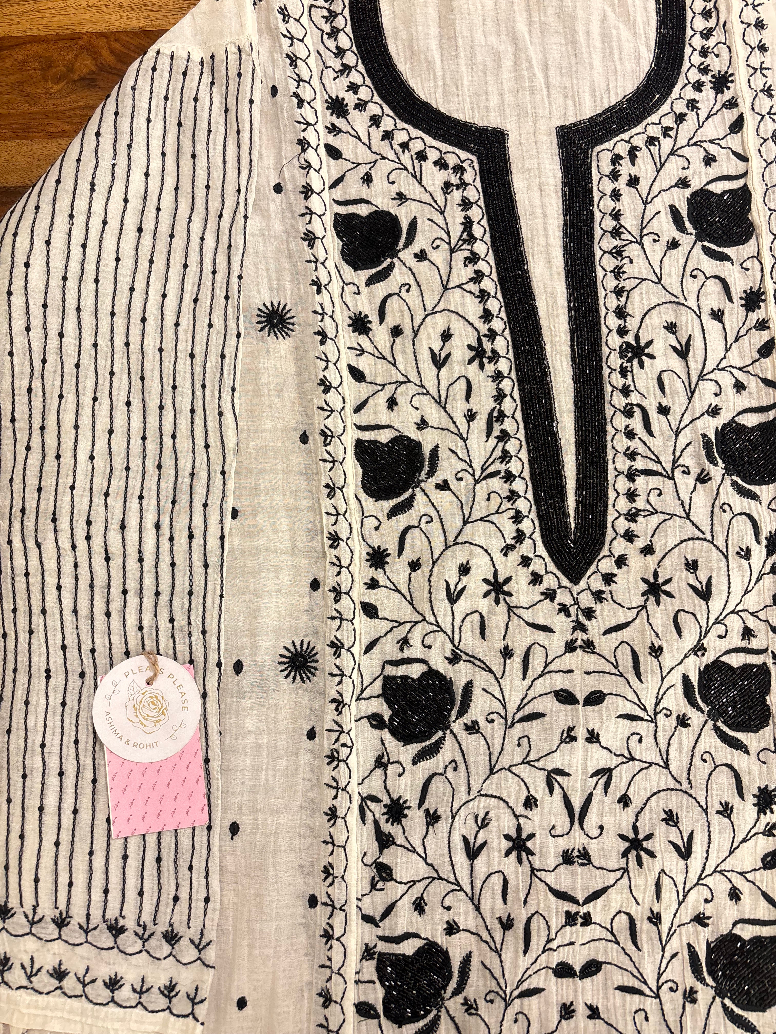 Dyeable Black & White Chanderi Chikankari Kurta & Dupatta