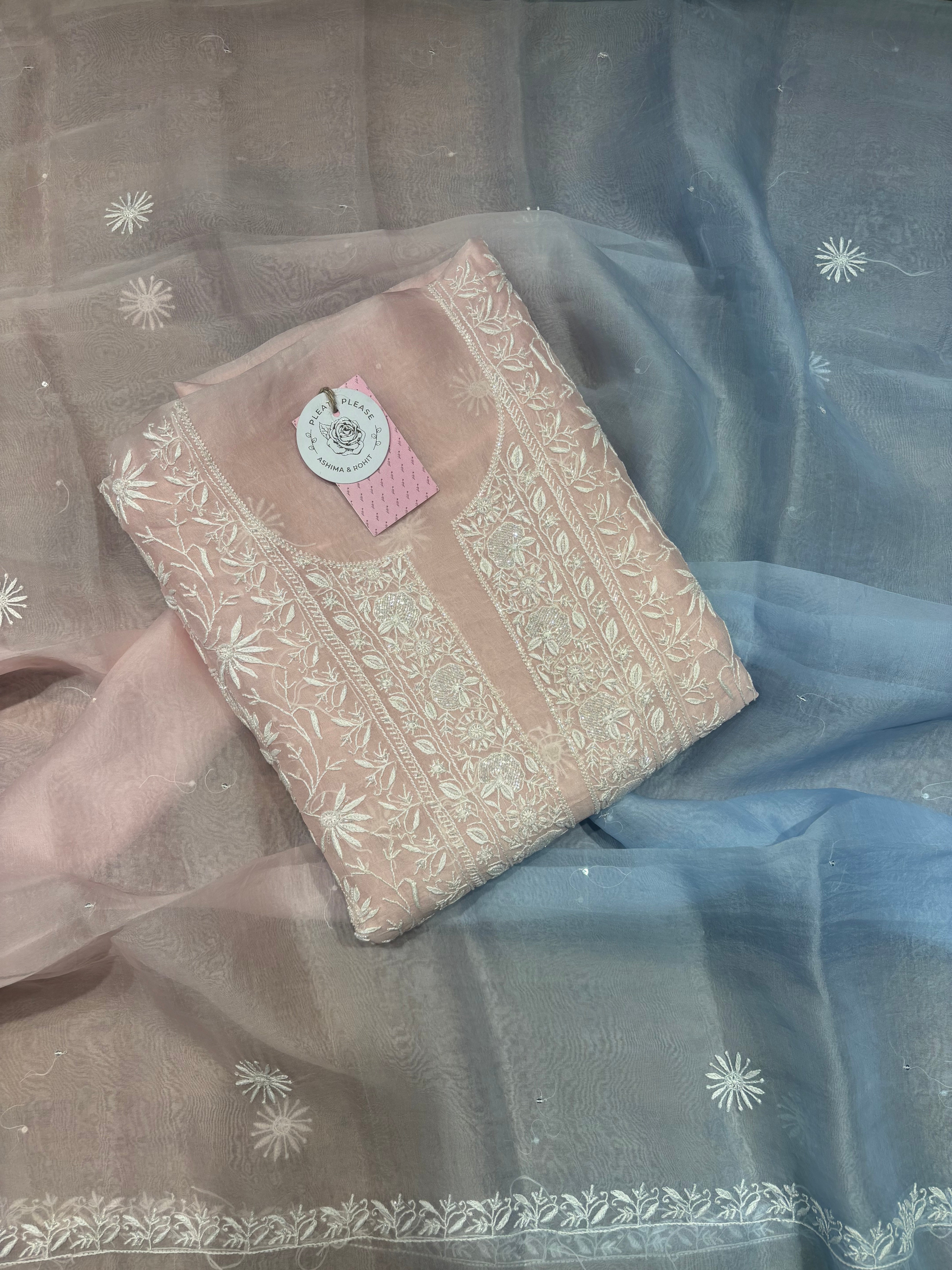 Soft Pink Pure & Premium Organza Silk Chikankari Kurta & Dupatta Fabric