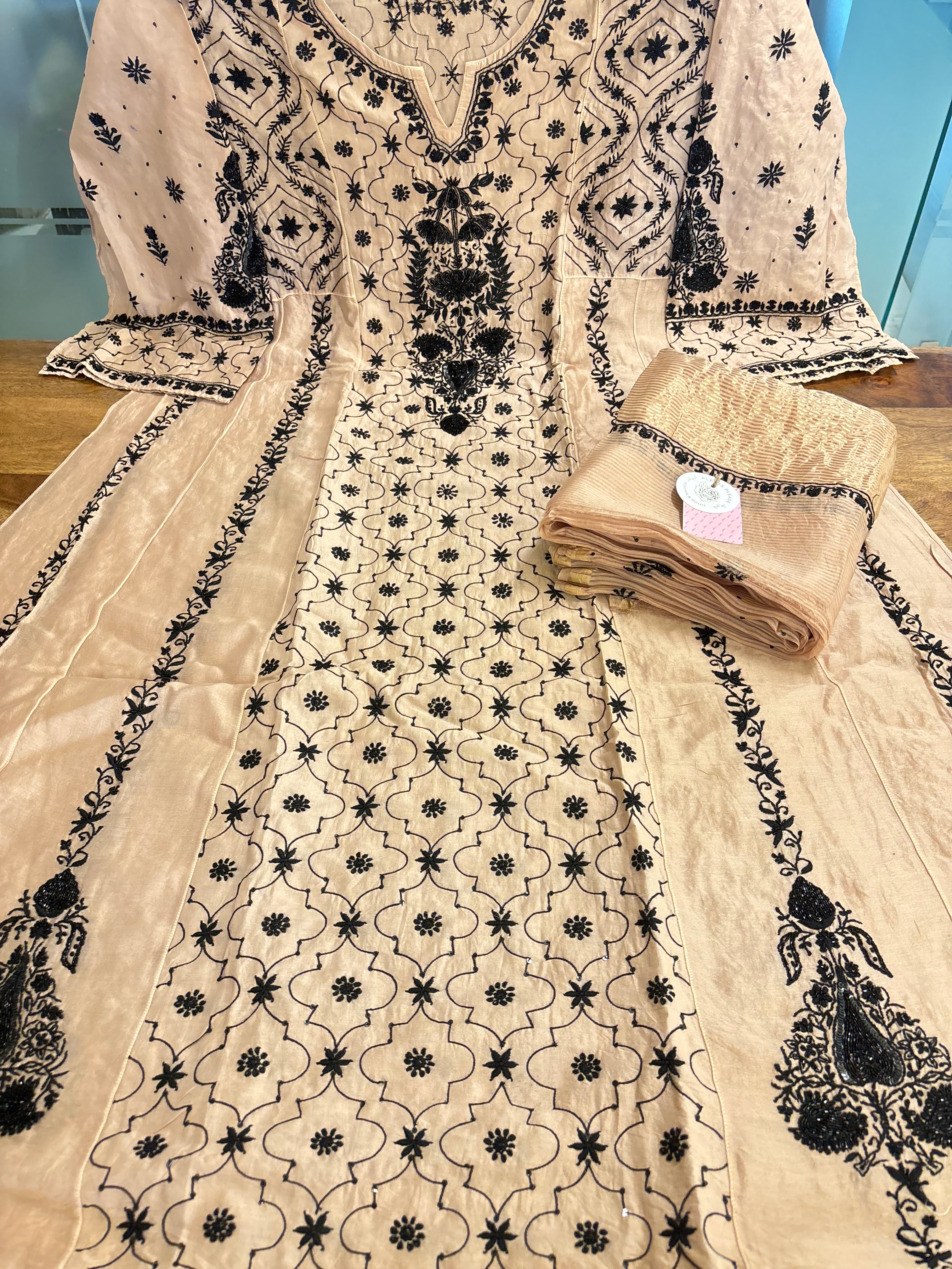 Blush Cream Chanderi Chikankari Anarkali & Dupatta Set