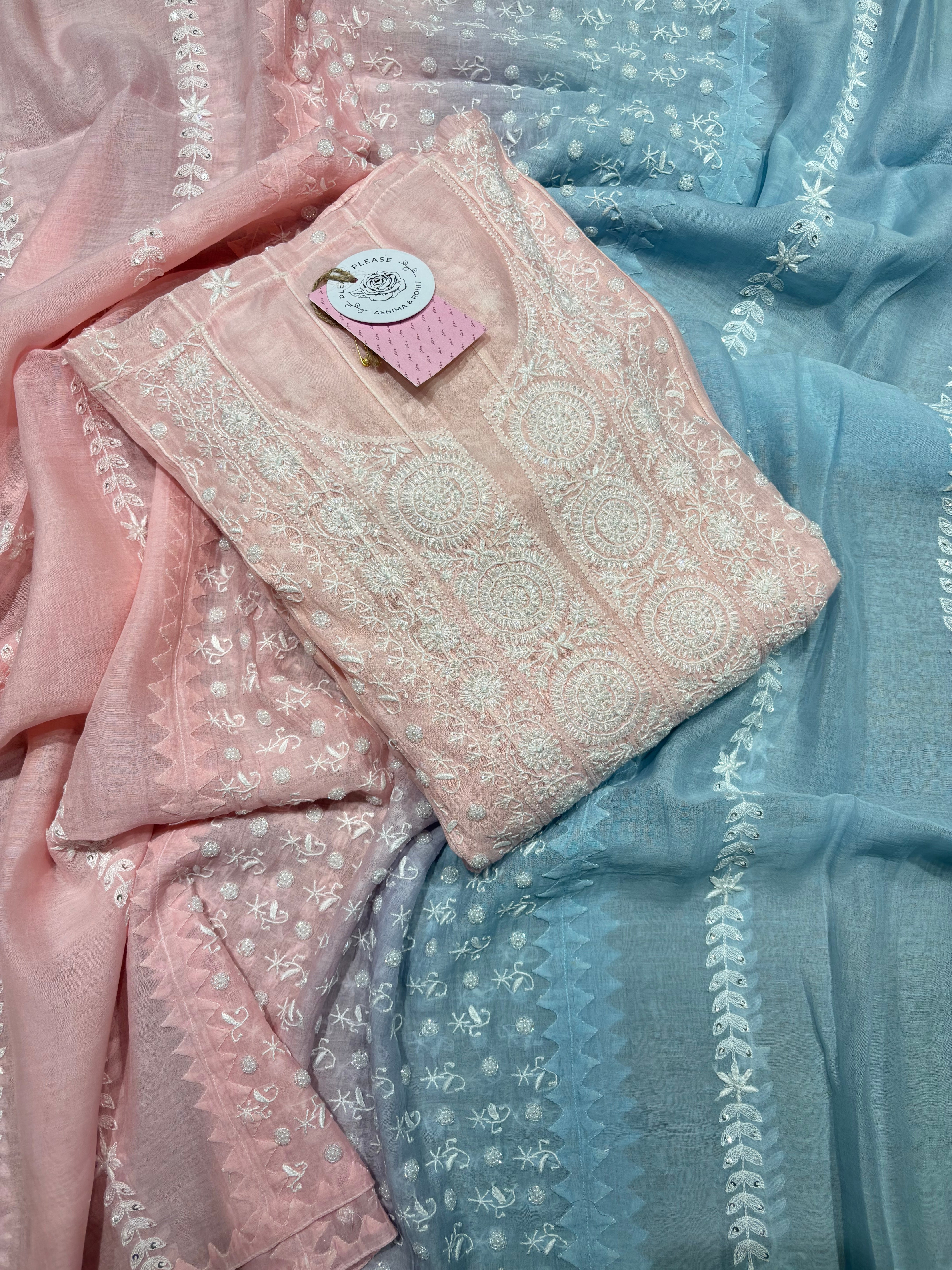 Pink Chanderi mul Chikankari Anarkali And Dupatta set