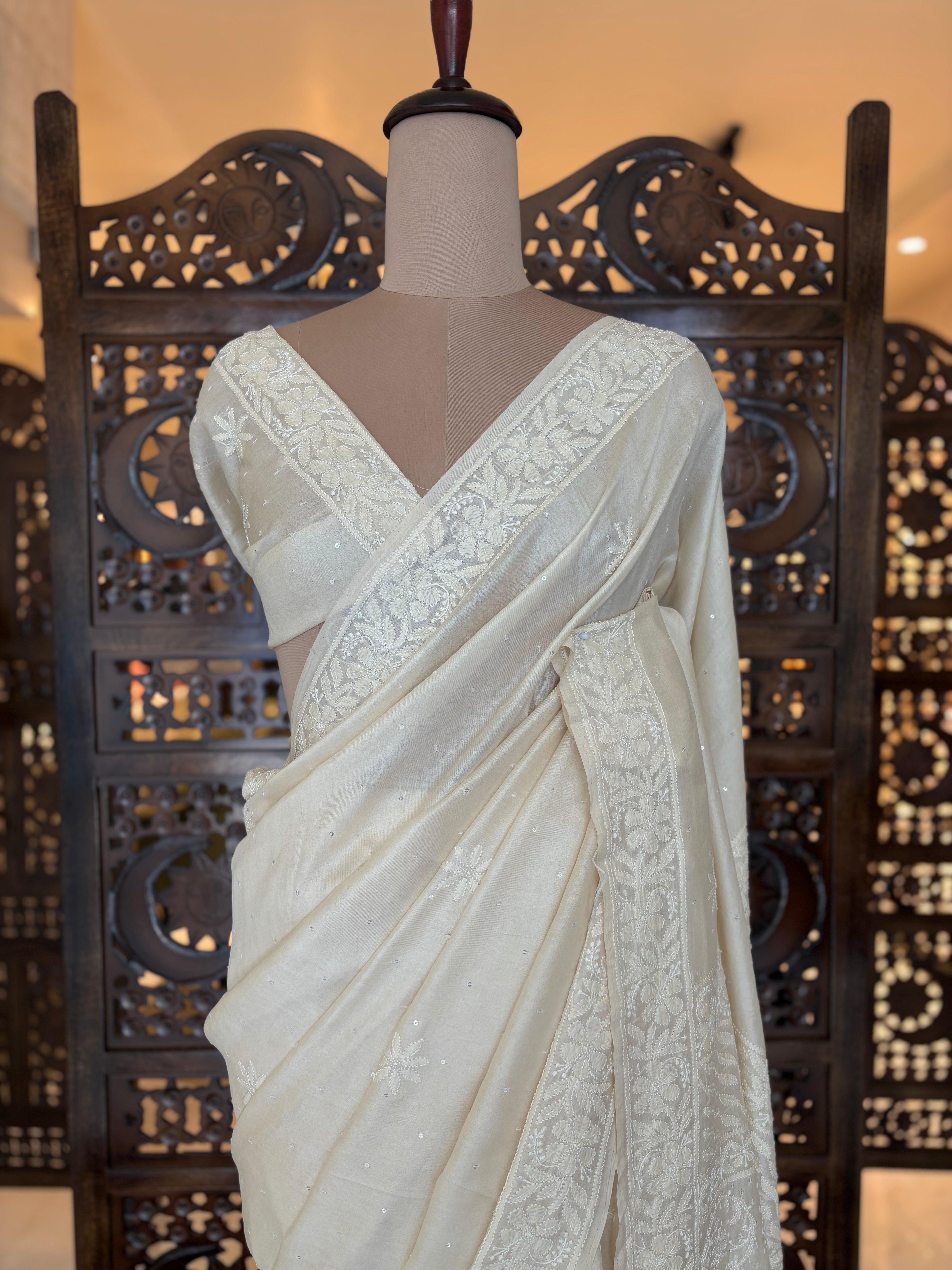 Dyeable Pure & Premium White Tussar Silk Chikankari Saree & Blouse