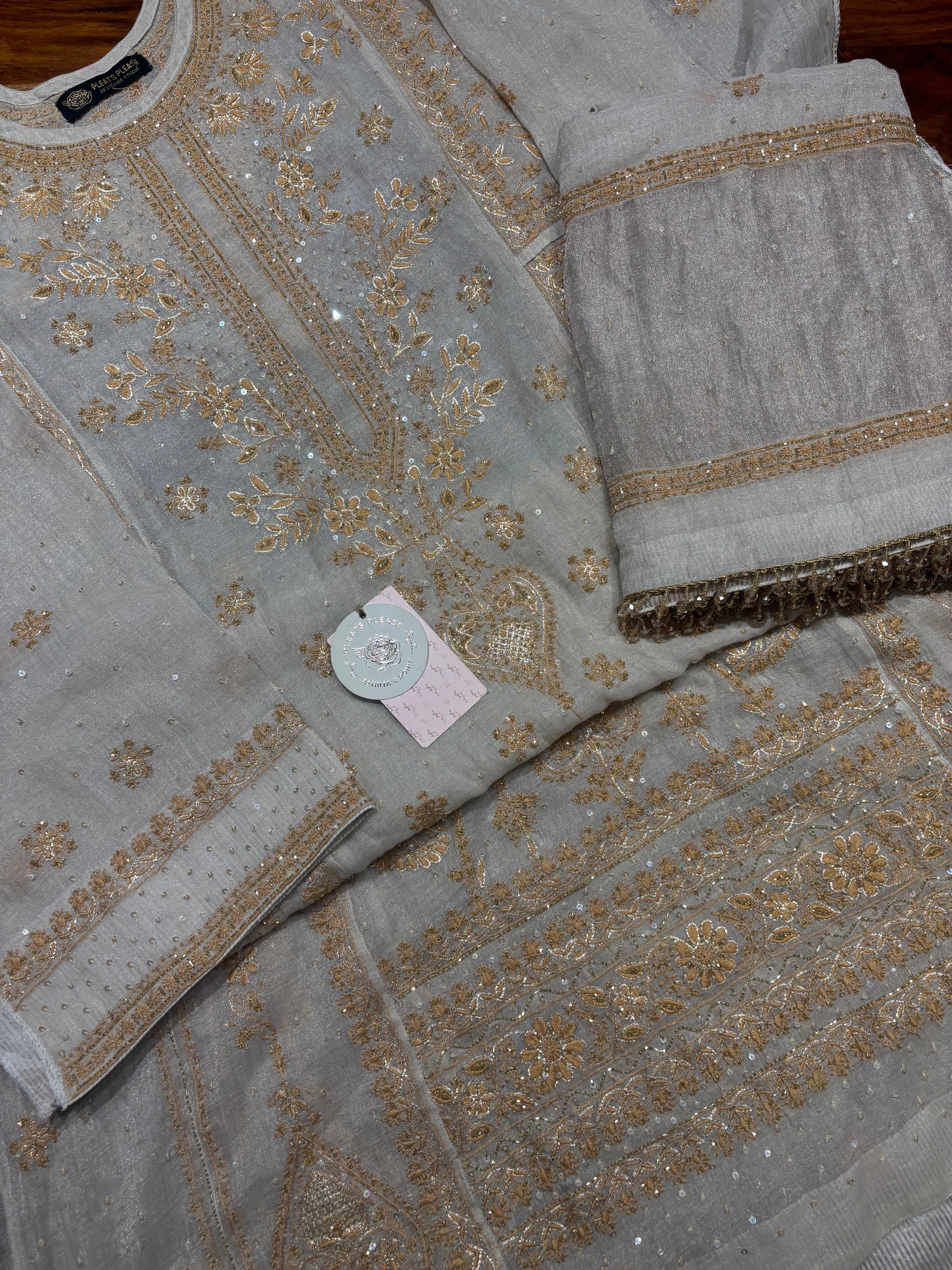 Dyeable Pure & Premium Silver Tissue Chikankari A- Line Anarkali & Dupatta Set