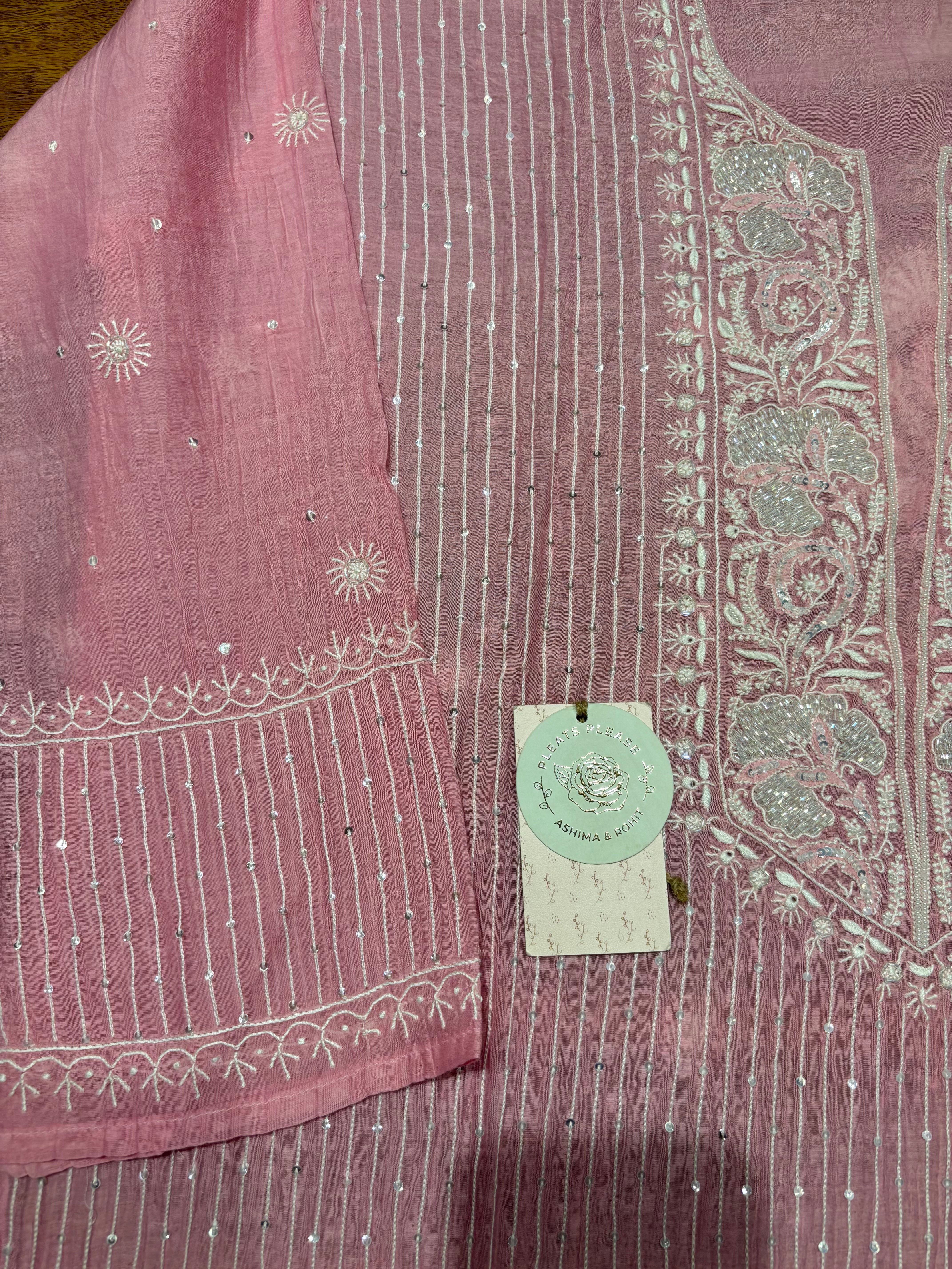 Pink Chanderi Mul Chikankari Kurta and Dupatta Set