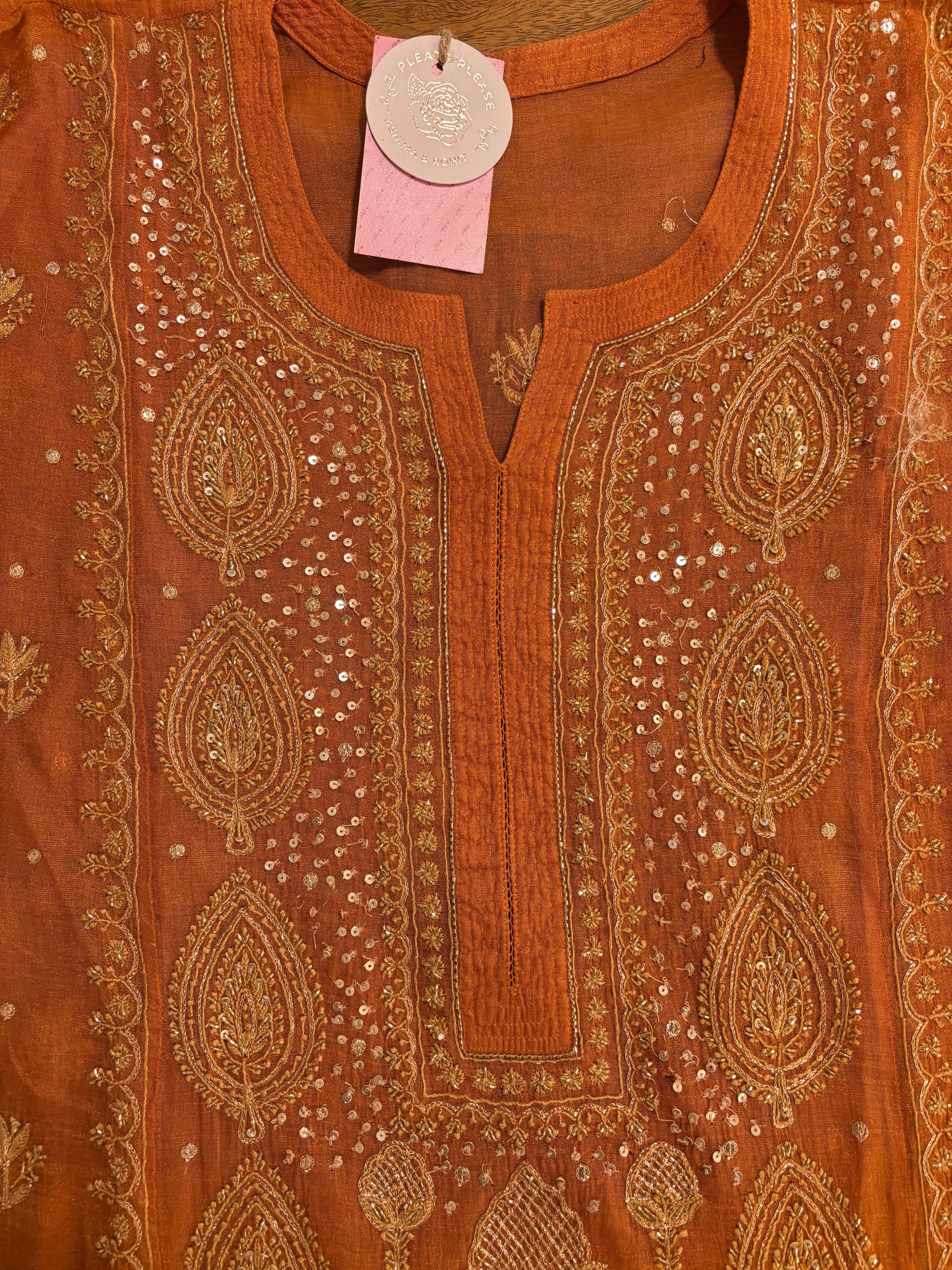 Burnt Orange Pure Tissue Chikankari Kurta & Dupatta