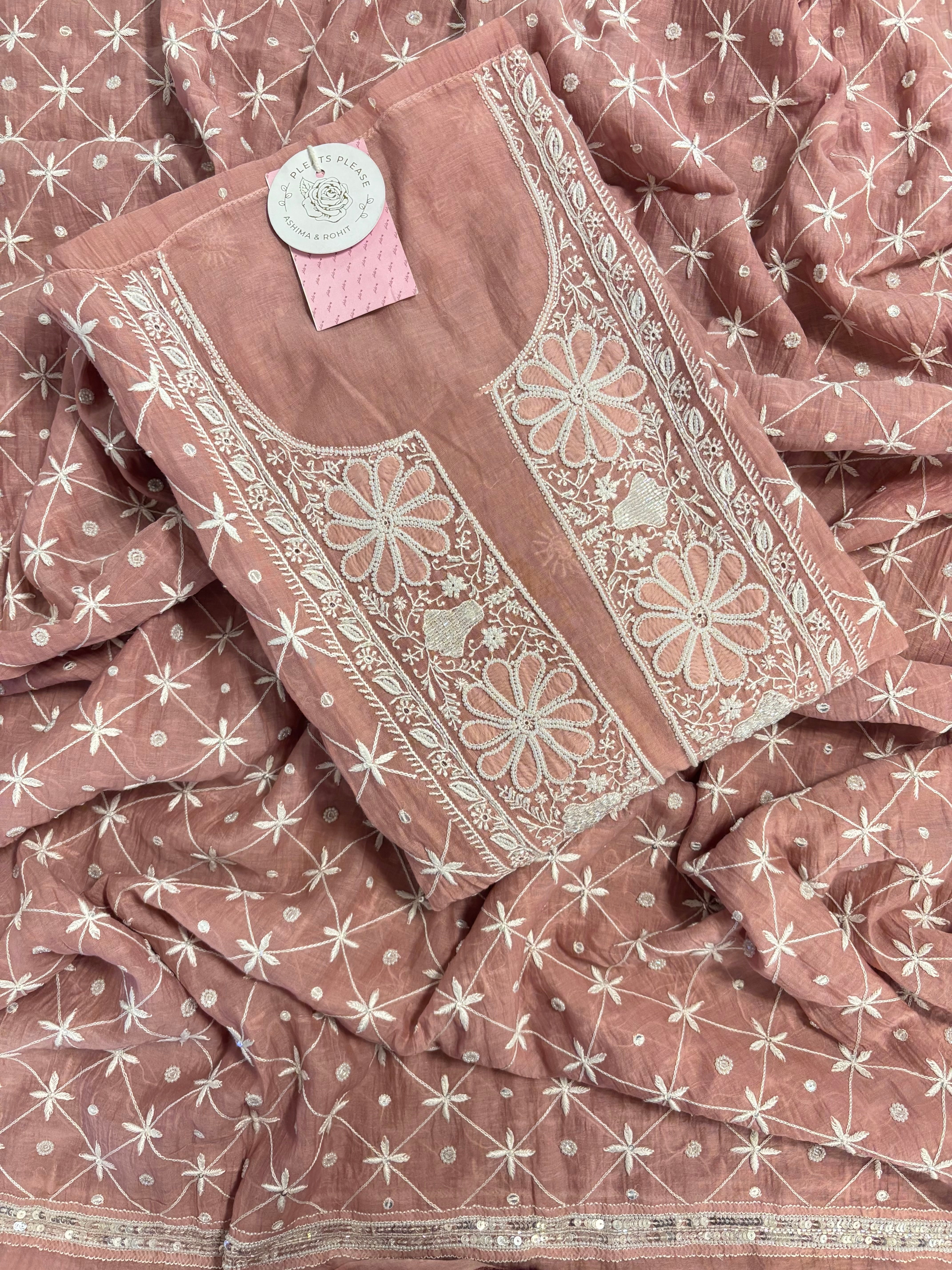 Dusty Peach Chanderi Mul Chikankari Kurta & Heavy Dupatta