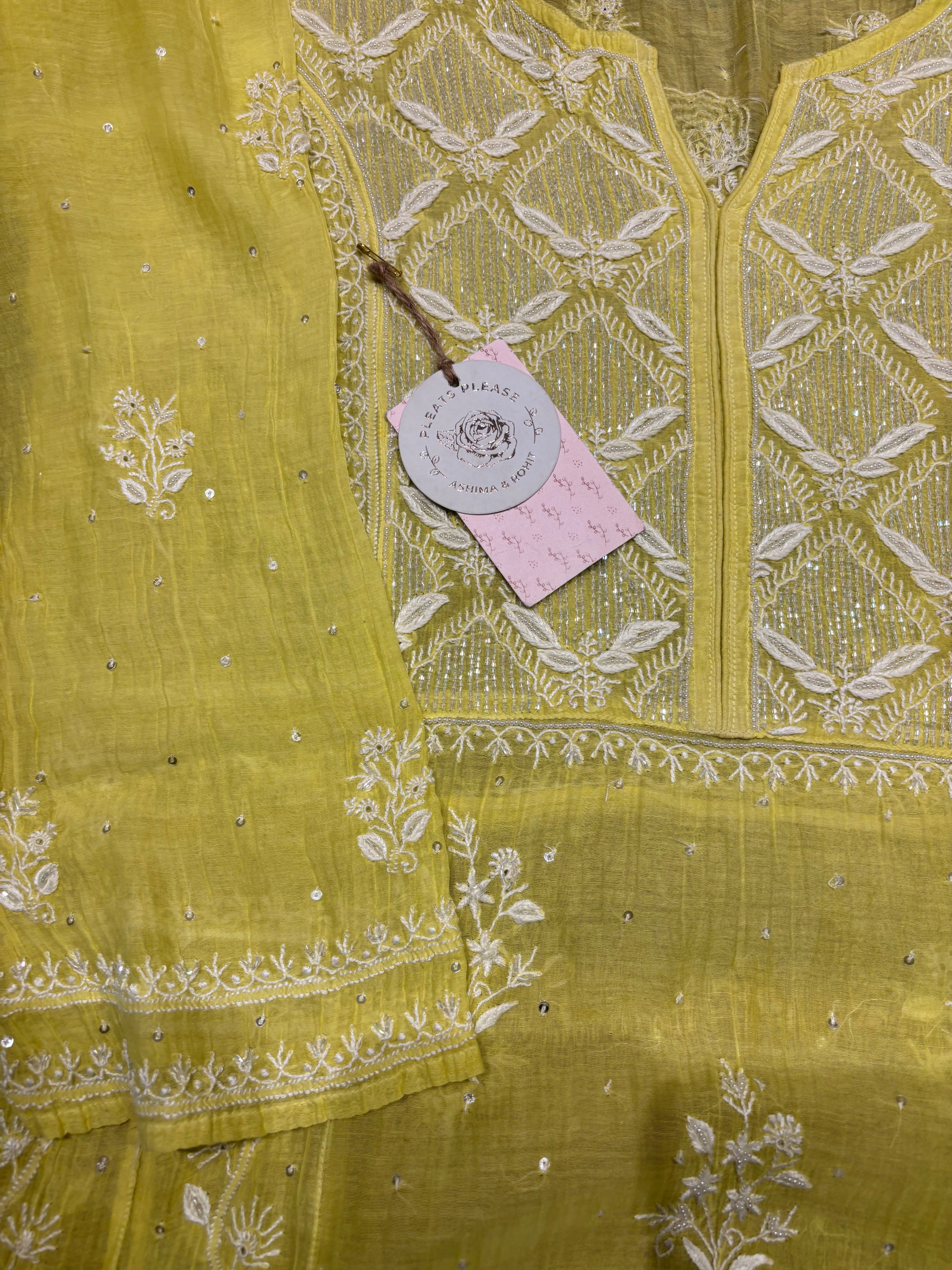 Neon Green Chanderi Mul Chikankari Kurta and Dupatta