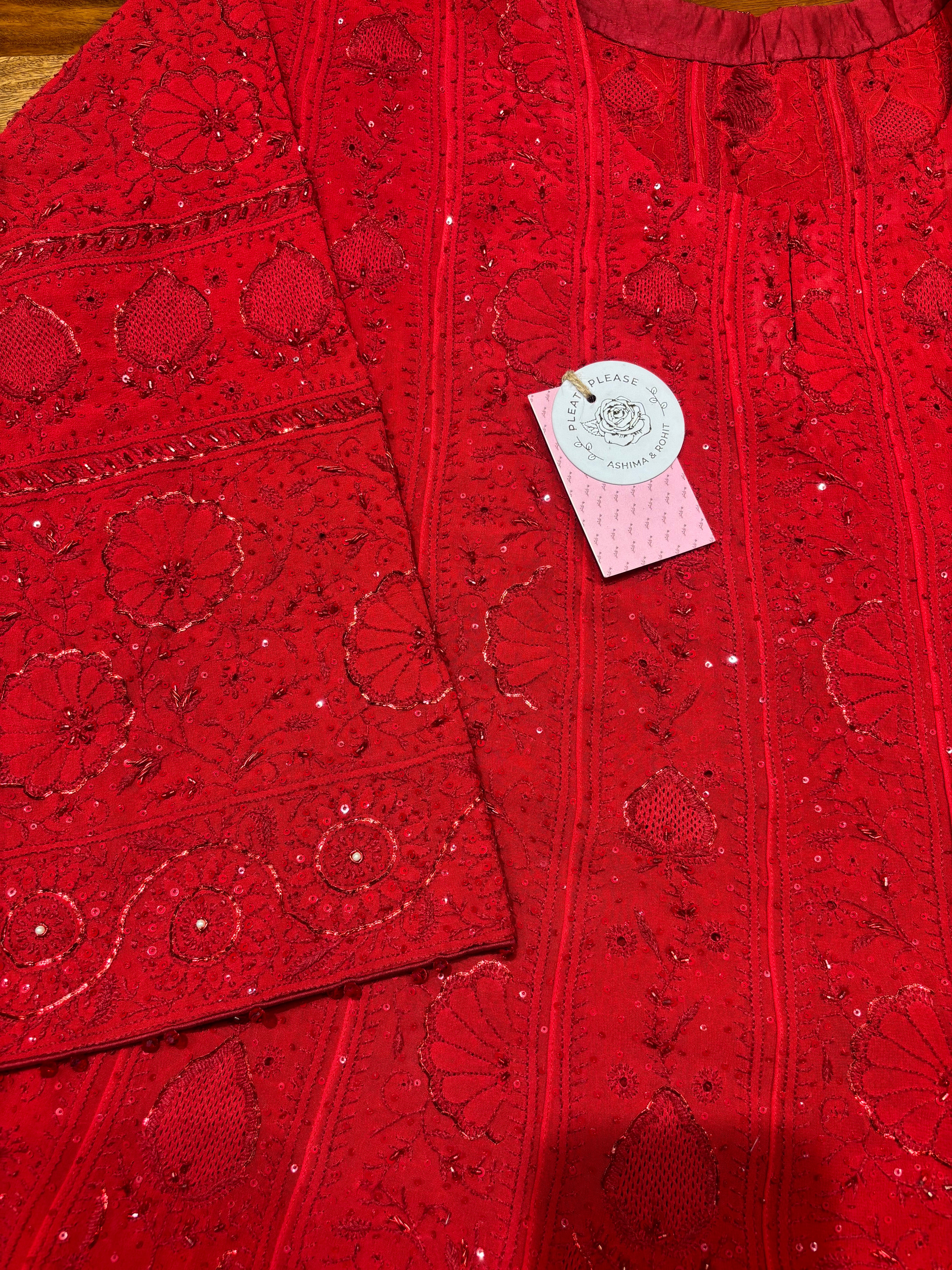 Red Pure & Premium Georgette Chikankari Anarkali & Dupatta Set