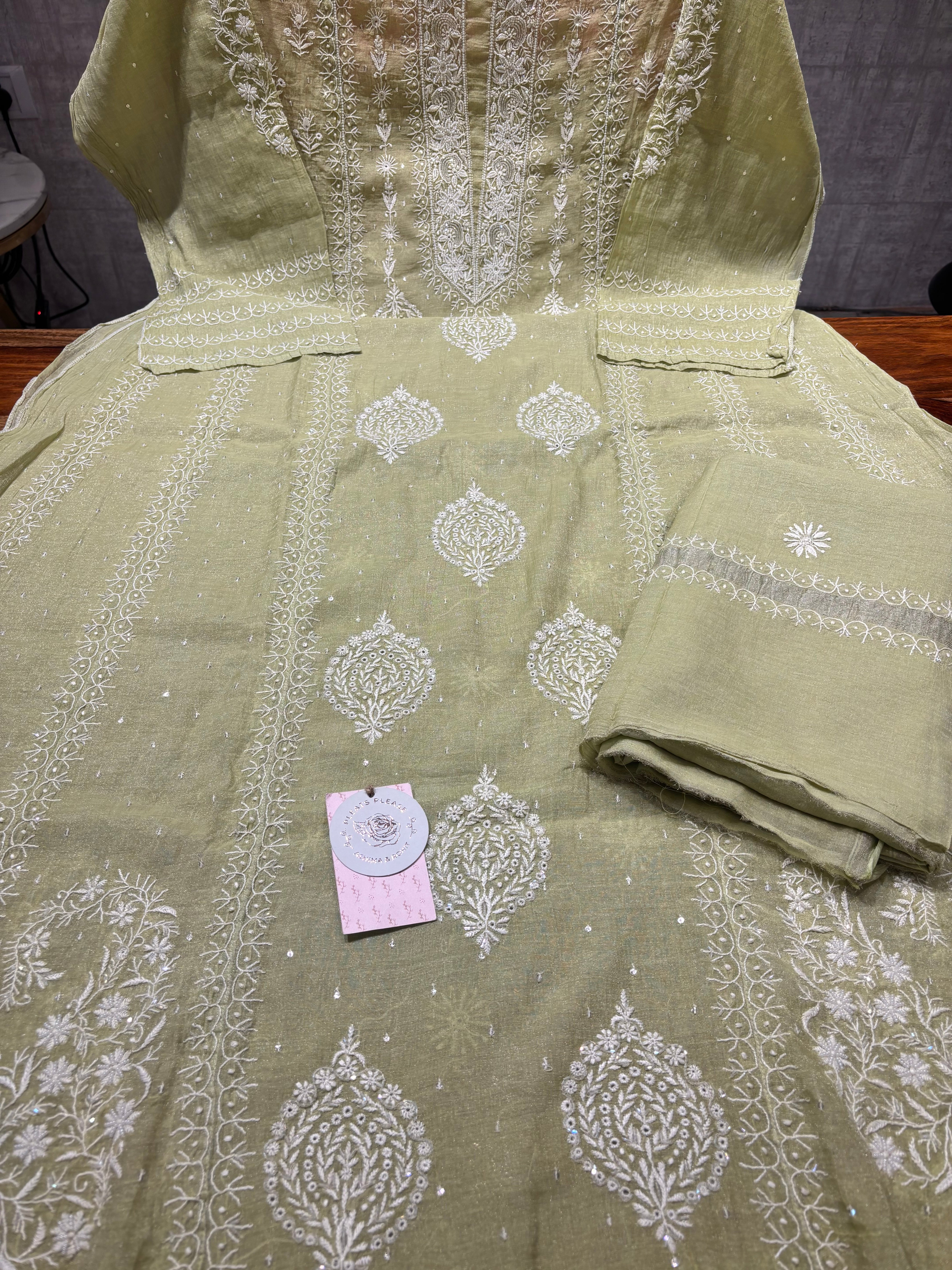 Green Tissue Chikankari Anarkali and Dupatta set