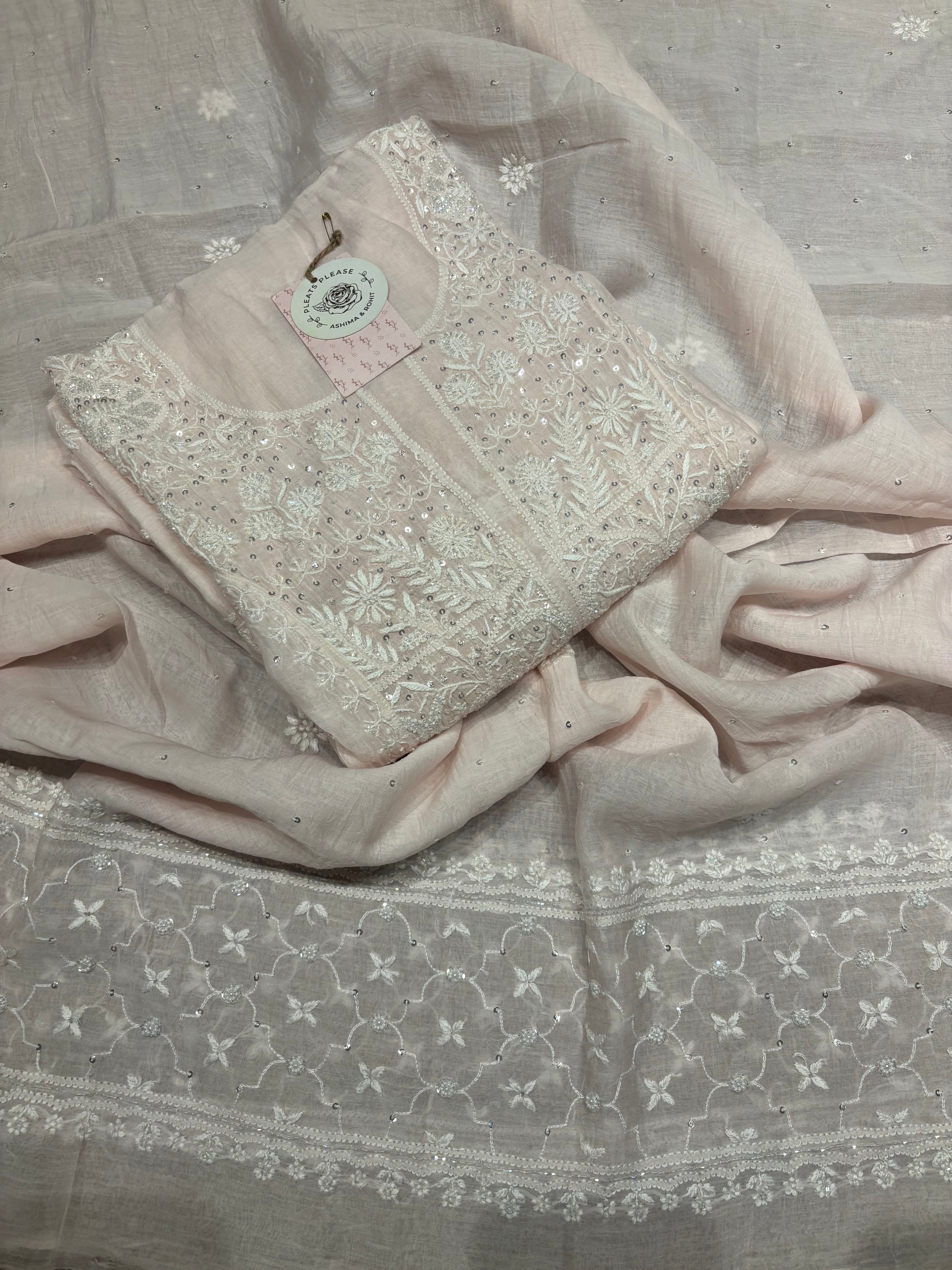 Rosé Cloud Chanderi Mul Chikankari Straight Kurta And Dupatta Set