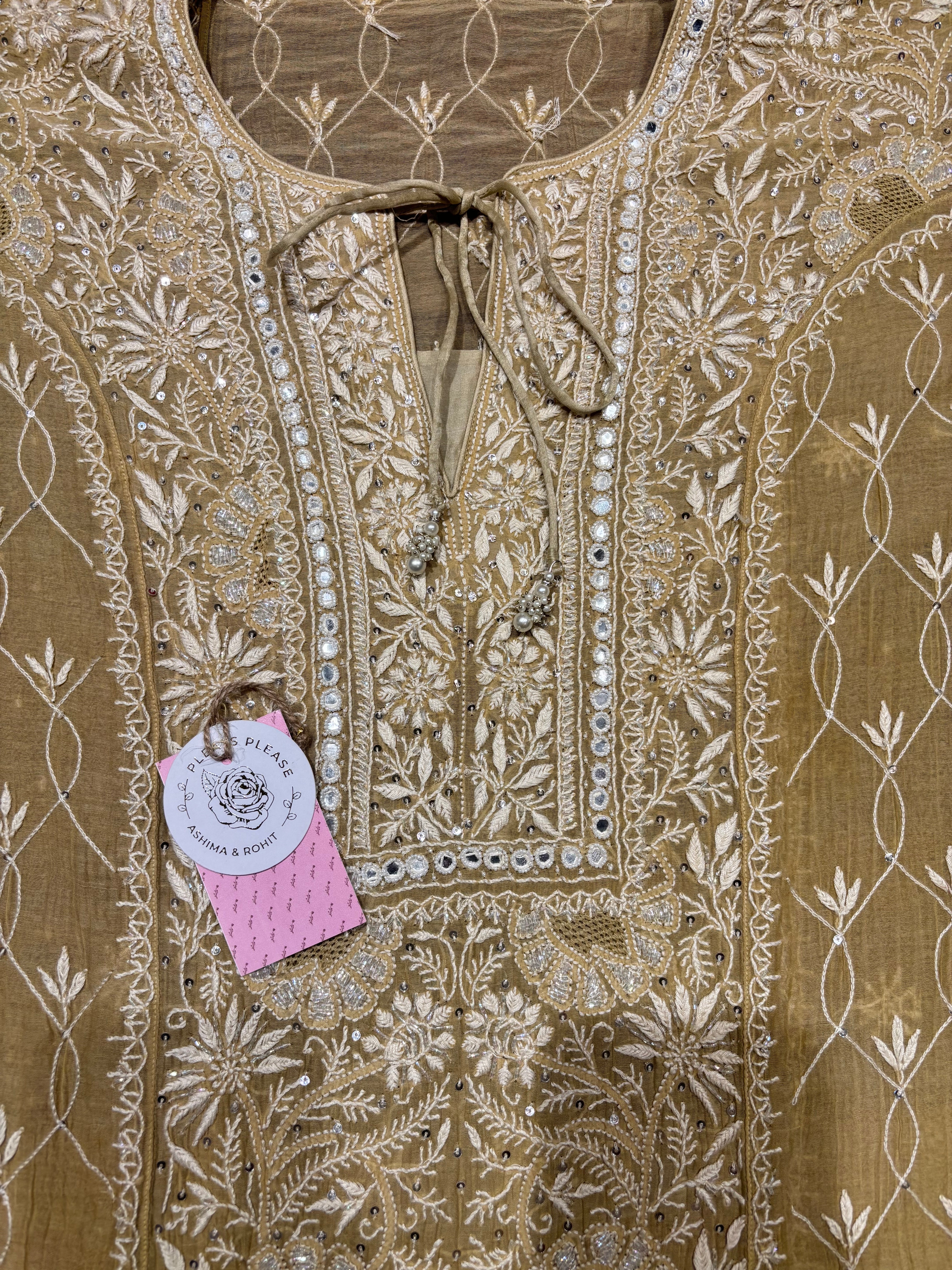 Mustard Gold Chanderi Mul Chikankari kurta and Dupatta Set