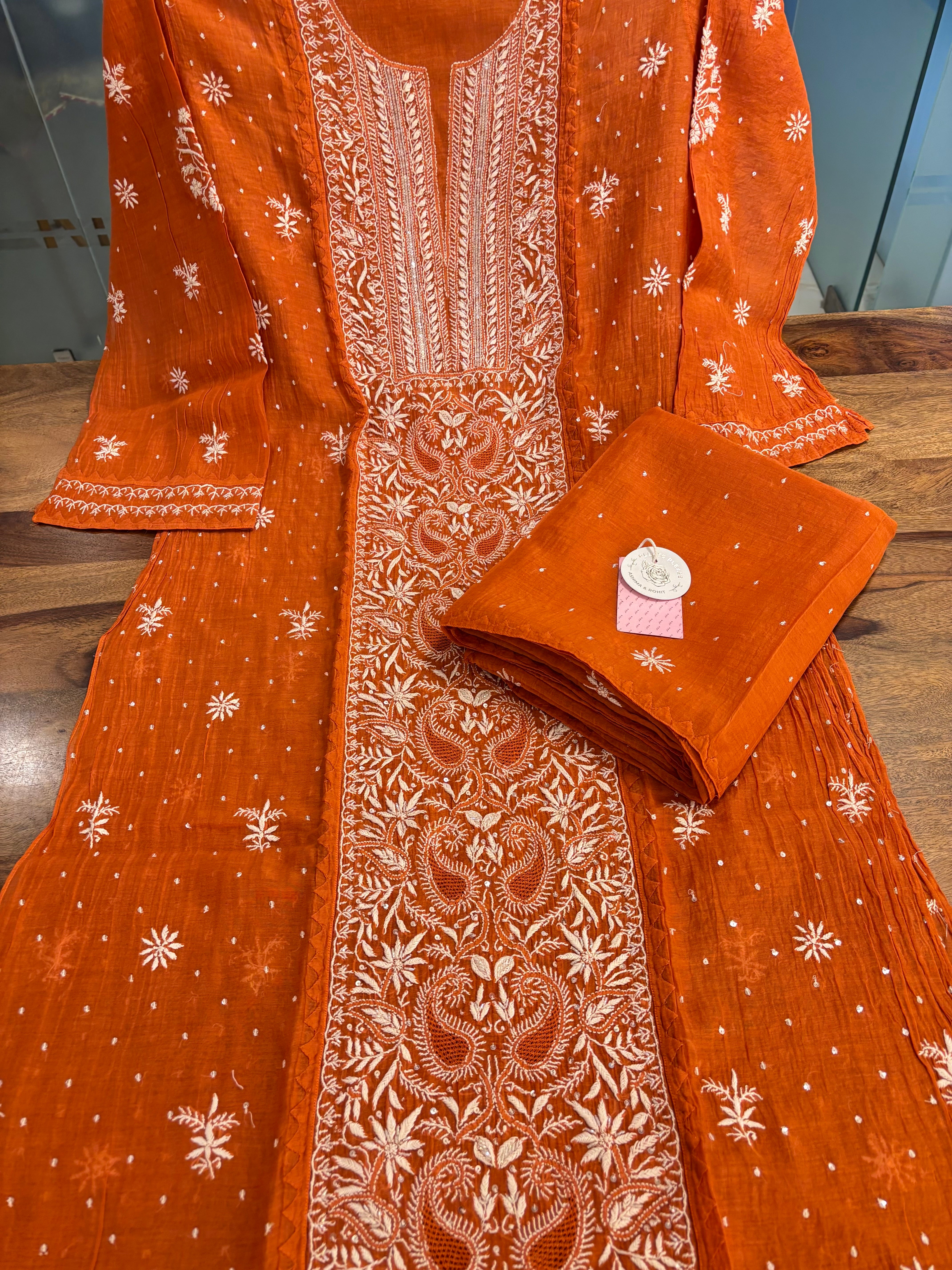 Burnt Orange Chanderi Mul Chikankari Kurta & Dupatta
