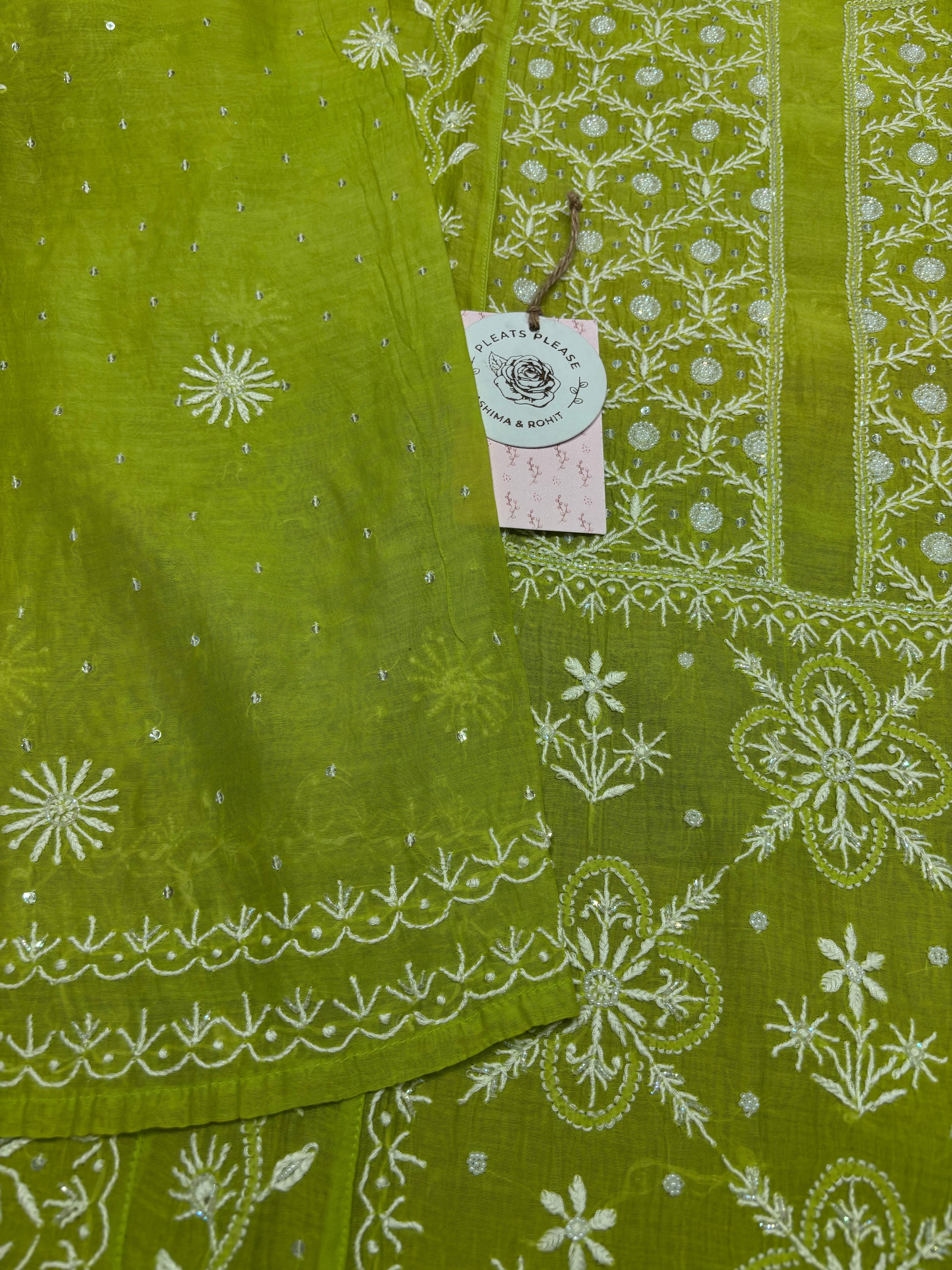 Green Apple Mist Chanderi Mul Chikankari Anarkali And Dupatta Set