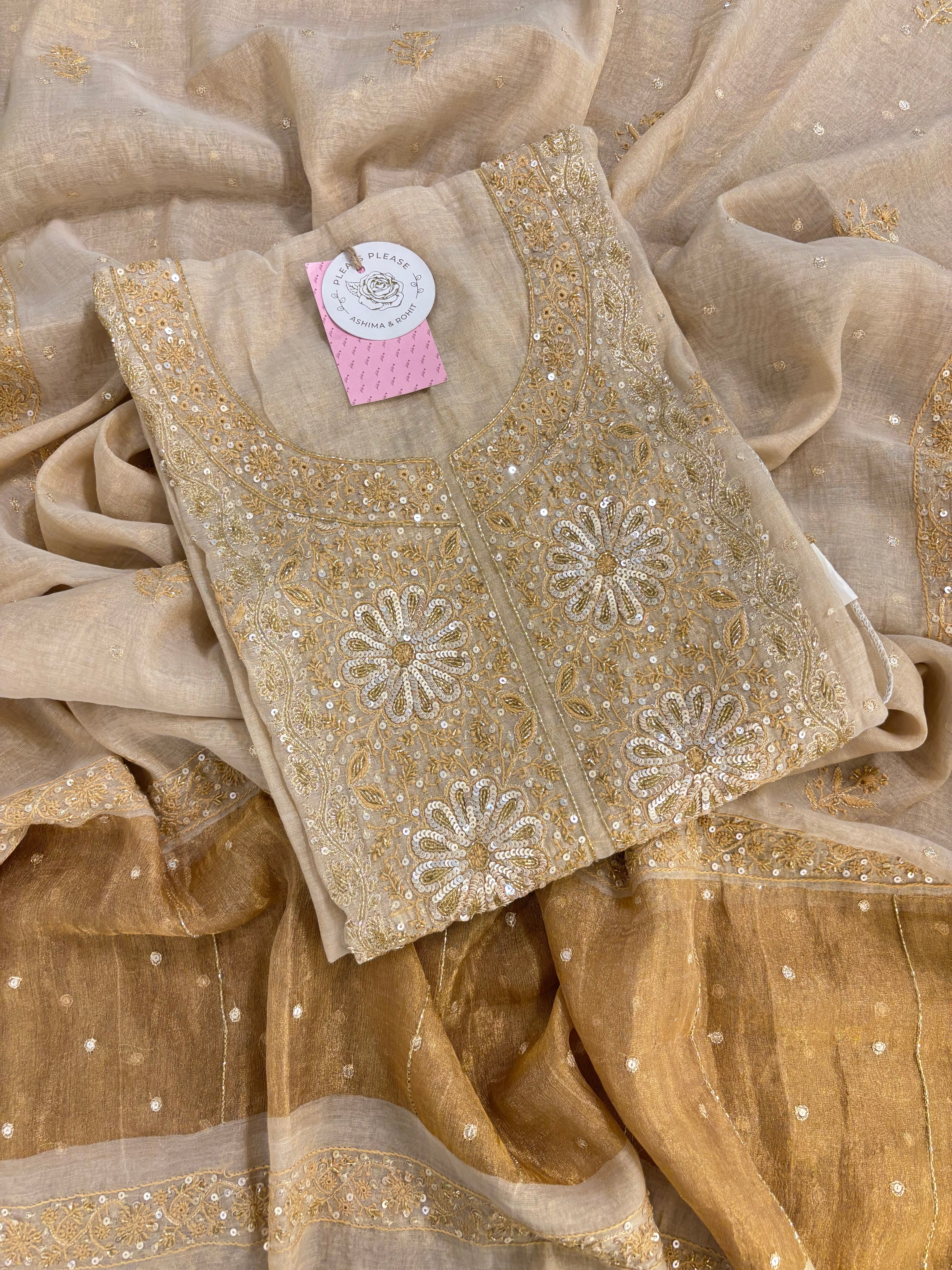 Dyeable Pure & Premium Tissue Heavy Neckline Chikankari Kurta & Dupatta