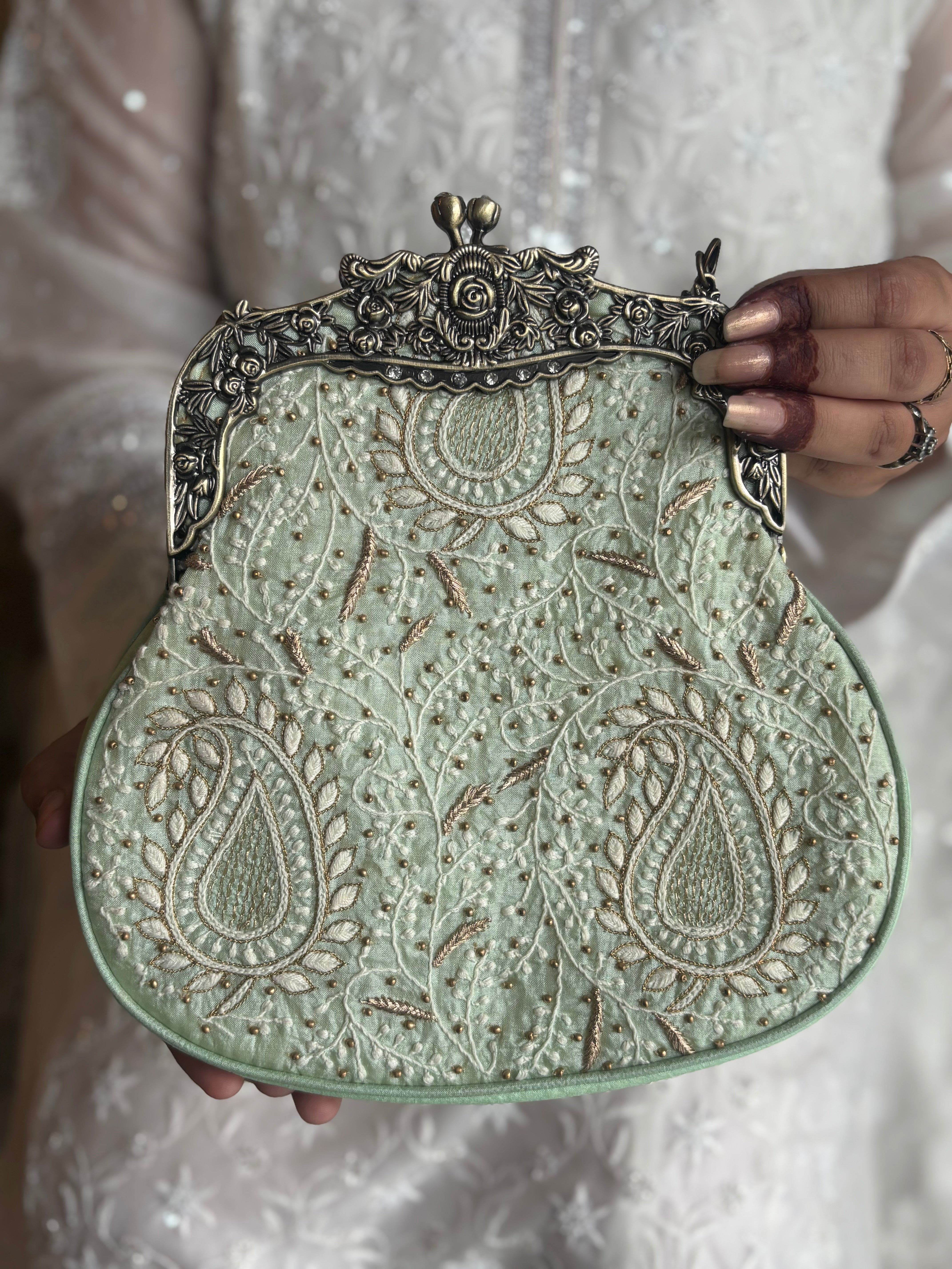 Mint Green Silk Chikankari Clutch