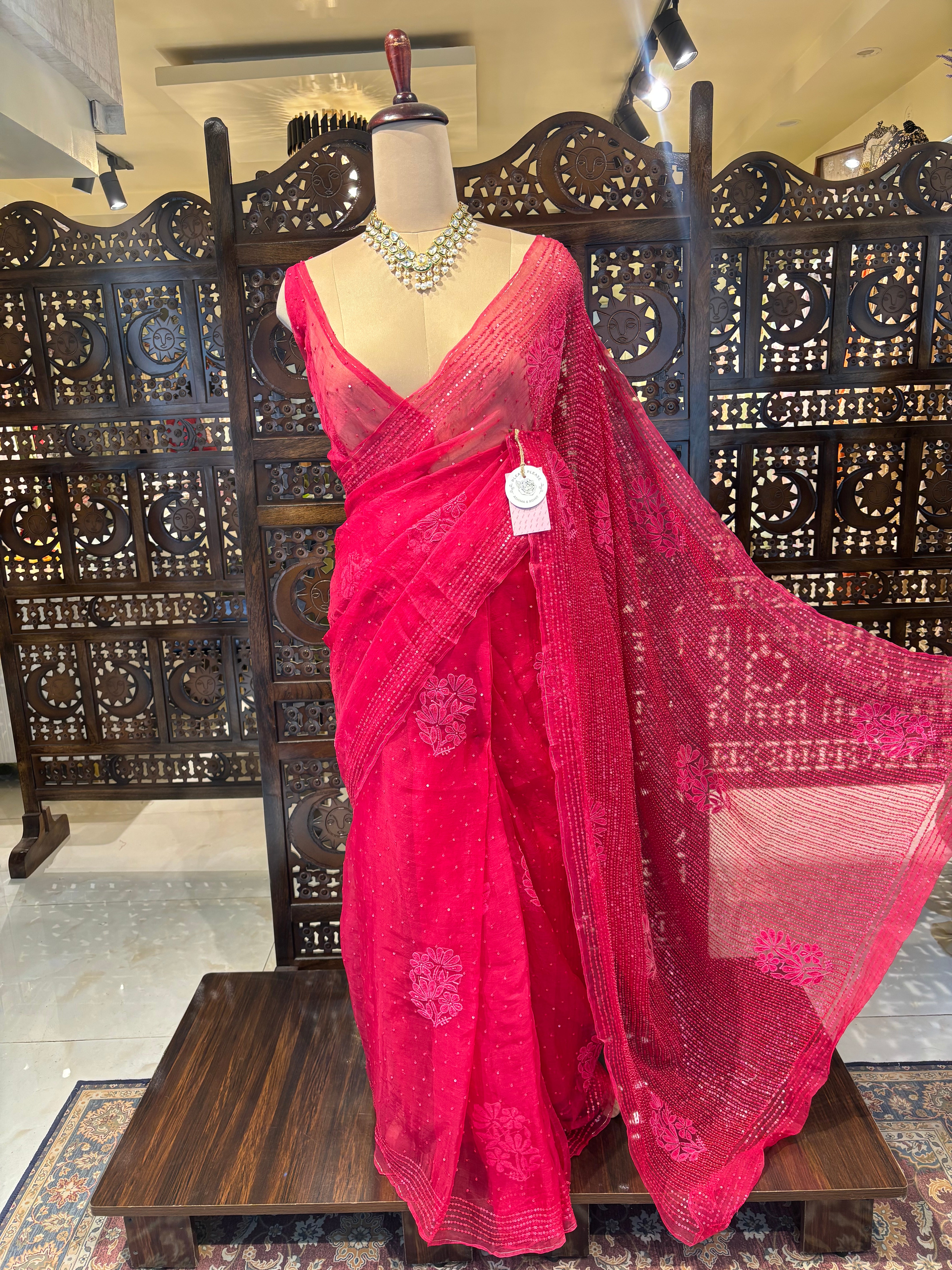 Fuchsia Pink Pure Organza Chikankari Saree