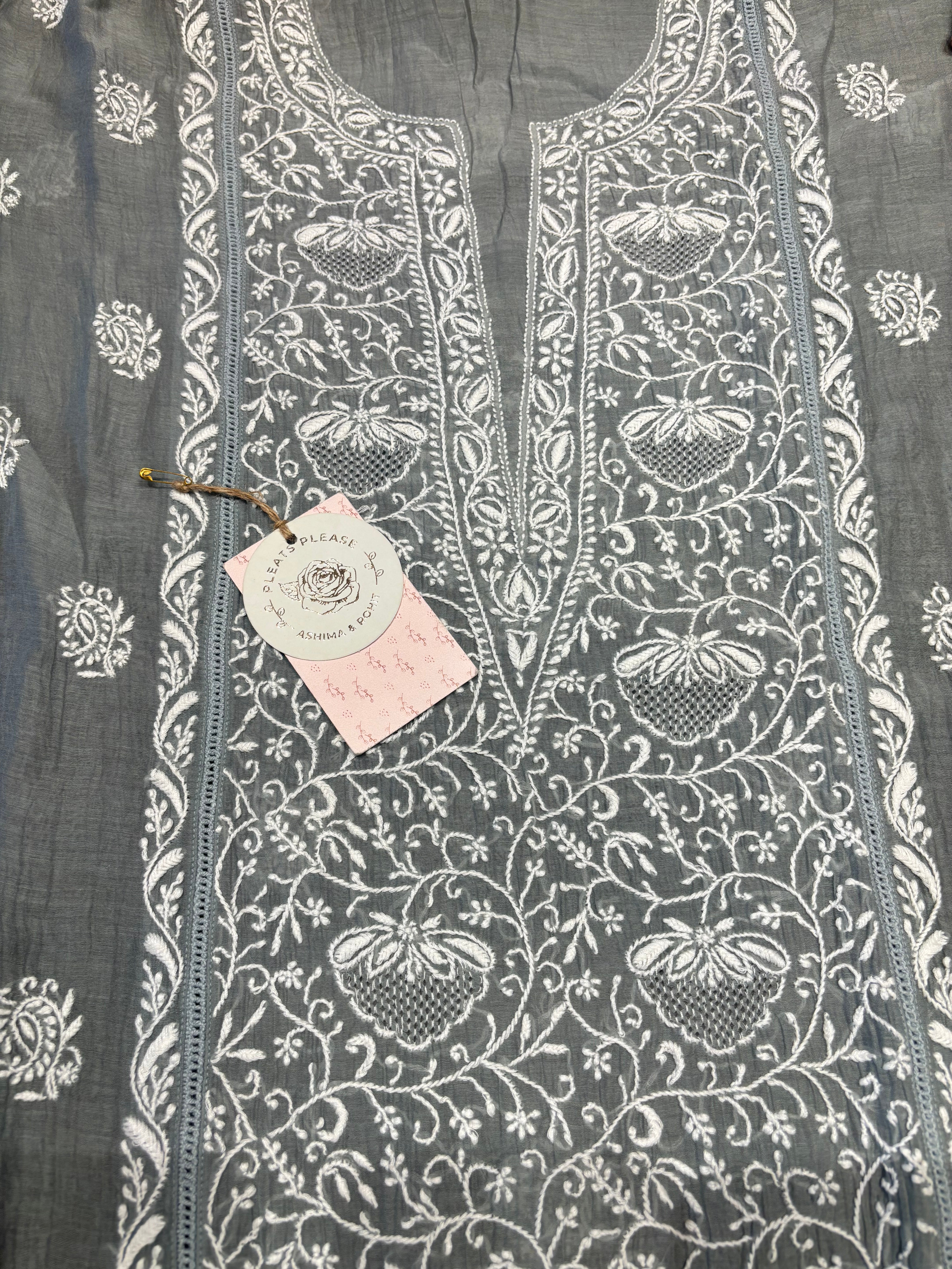 Gray Chanderi Mul Only Chikankari Kurta and Dupatta