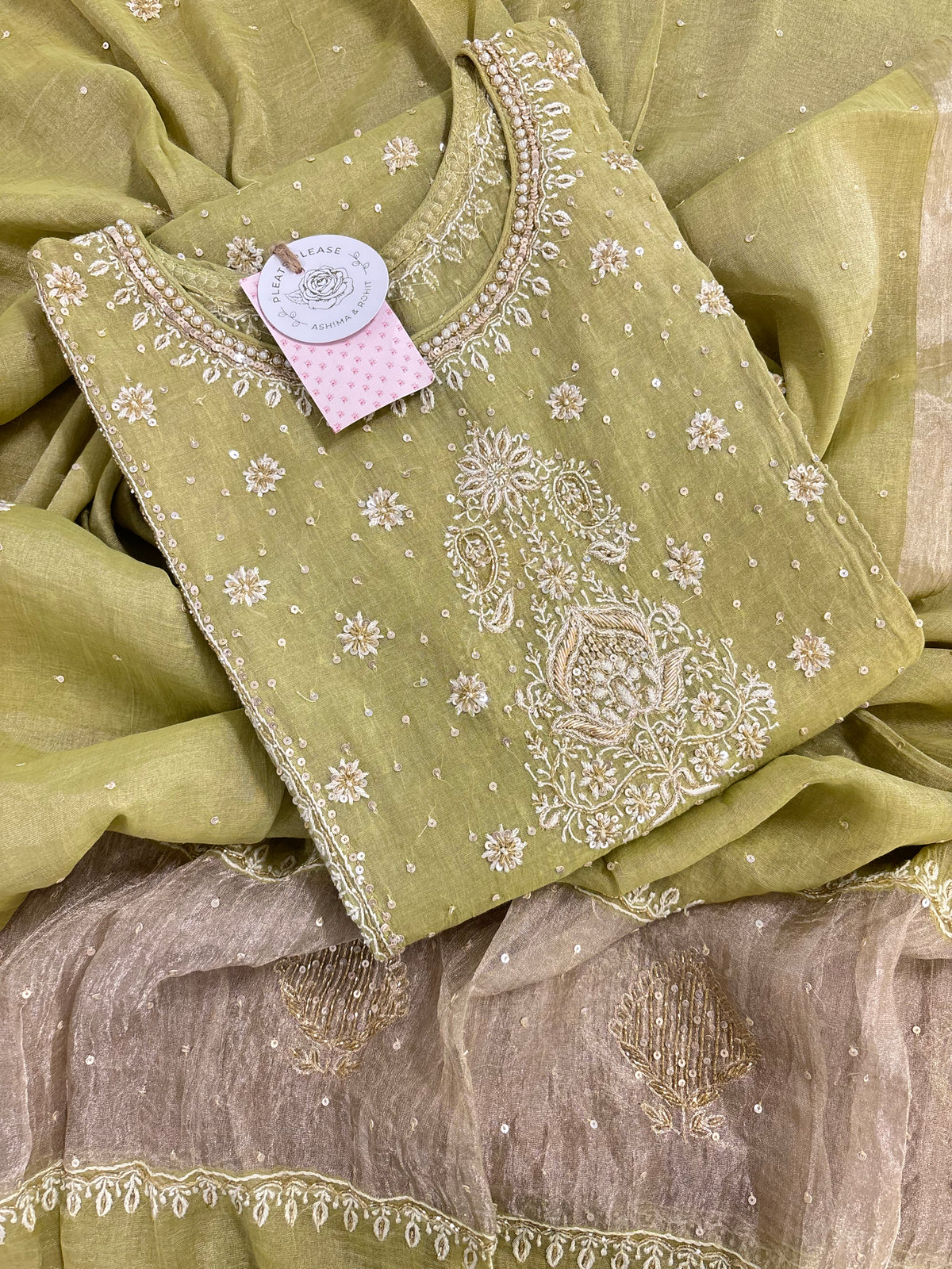 Warm Green Pure & Premium Tissue Pearl Neckline Chikankari Kurta & Dupatta