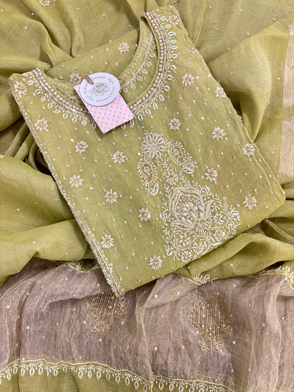 Warm Green Pure & Premium Tissue Pearl Neckline Chikankari Kurta & Dupatta