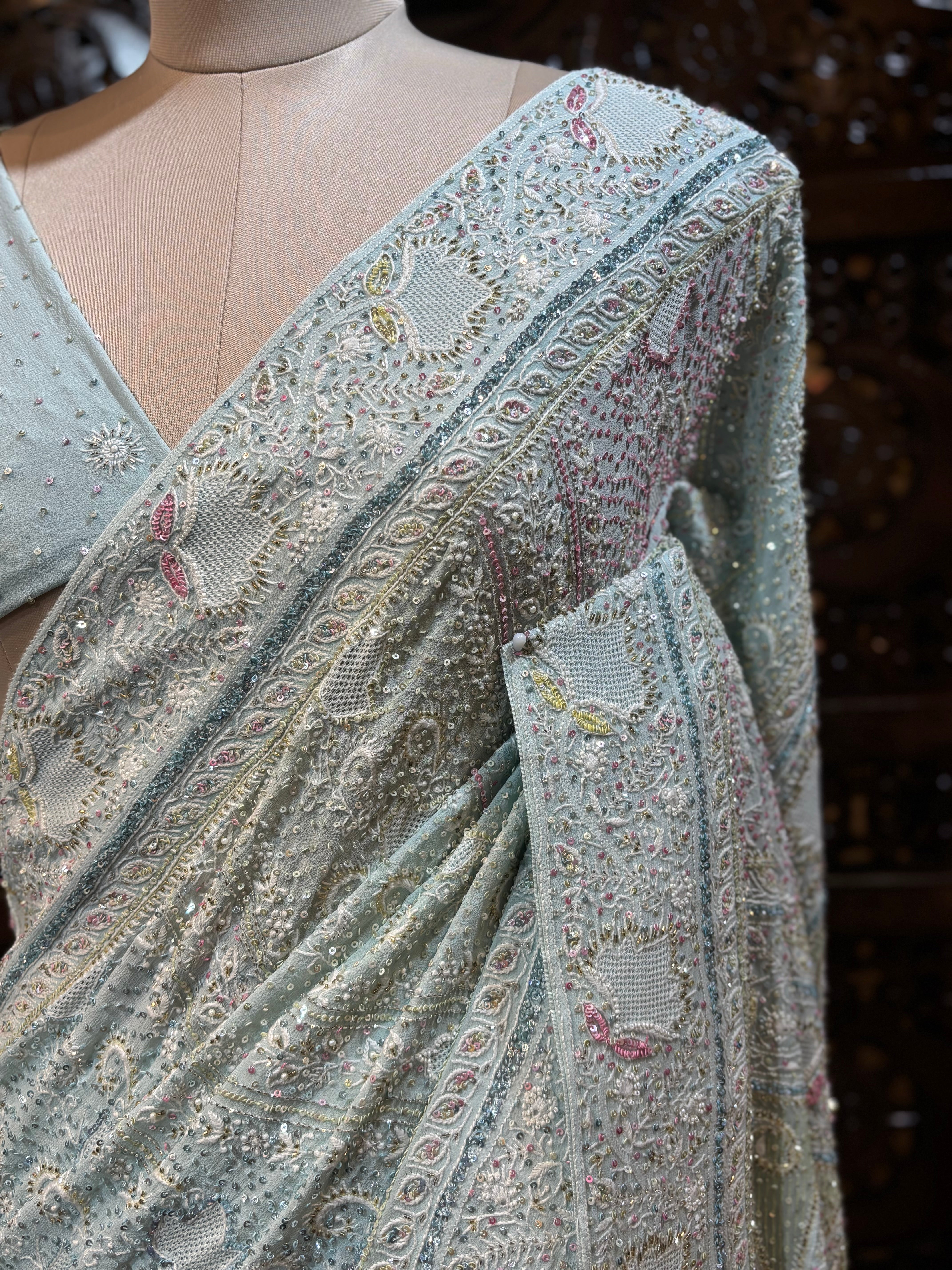 Aqua Blue Pure & Premium Georgette Chikankari Saree & Blouse - Pleats PleaseChikankari