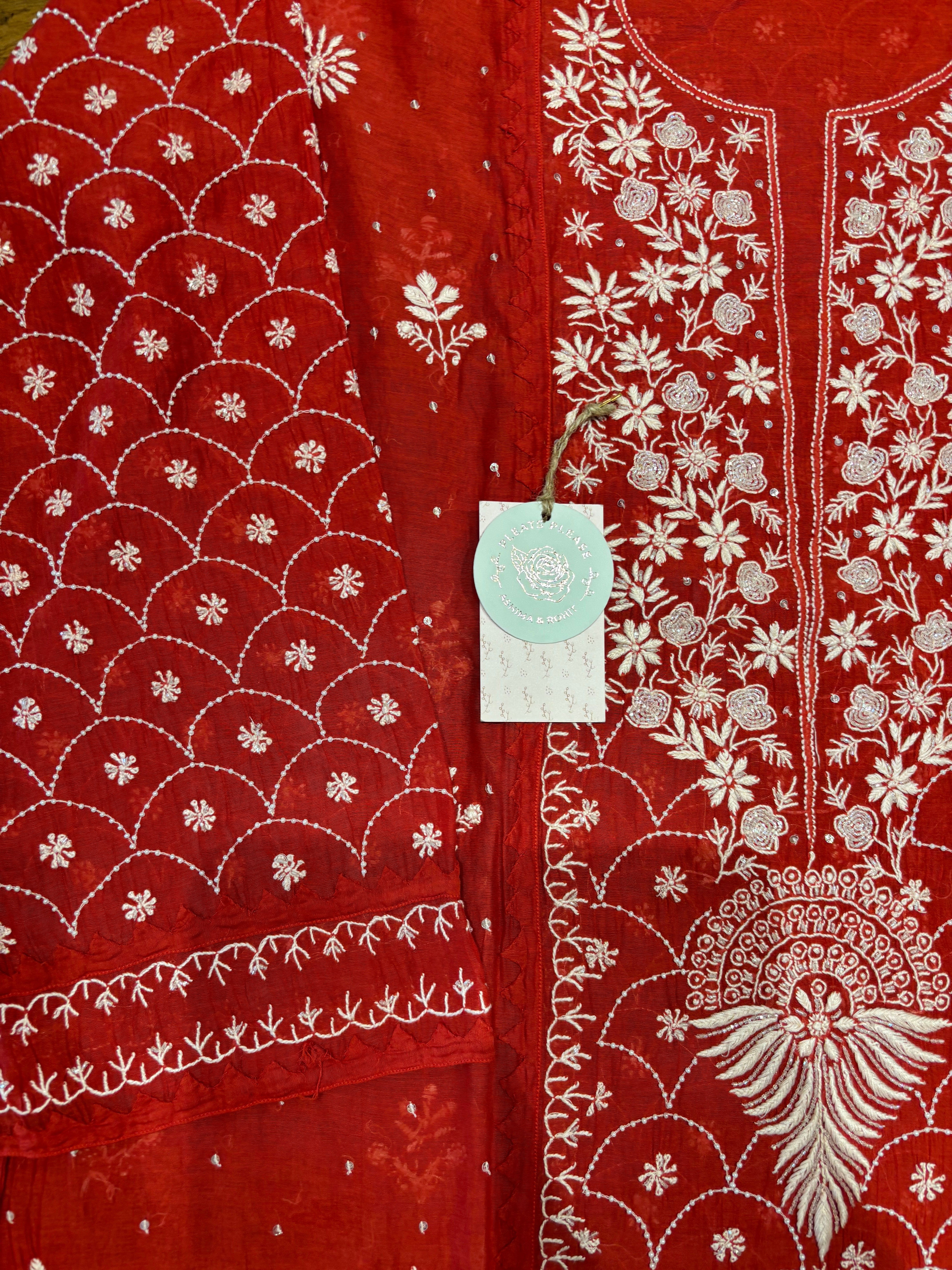Red Chanderi Mul Chikankari Kurta and Dupatta set