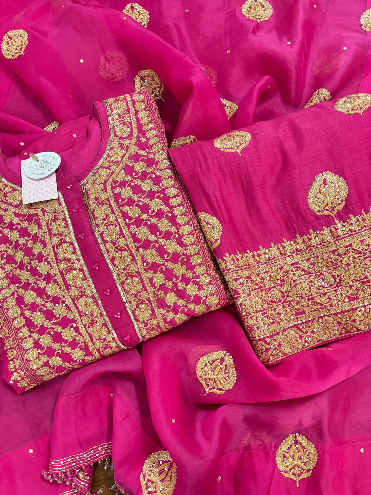 Magenta Pure & Premium Monga Silk Chikankari Kurta, Bottom With Organza Dupatta