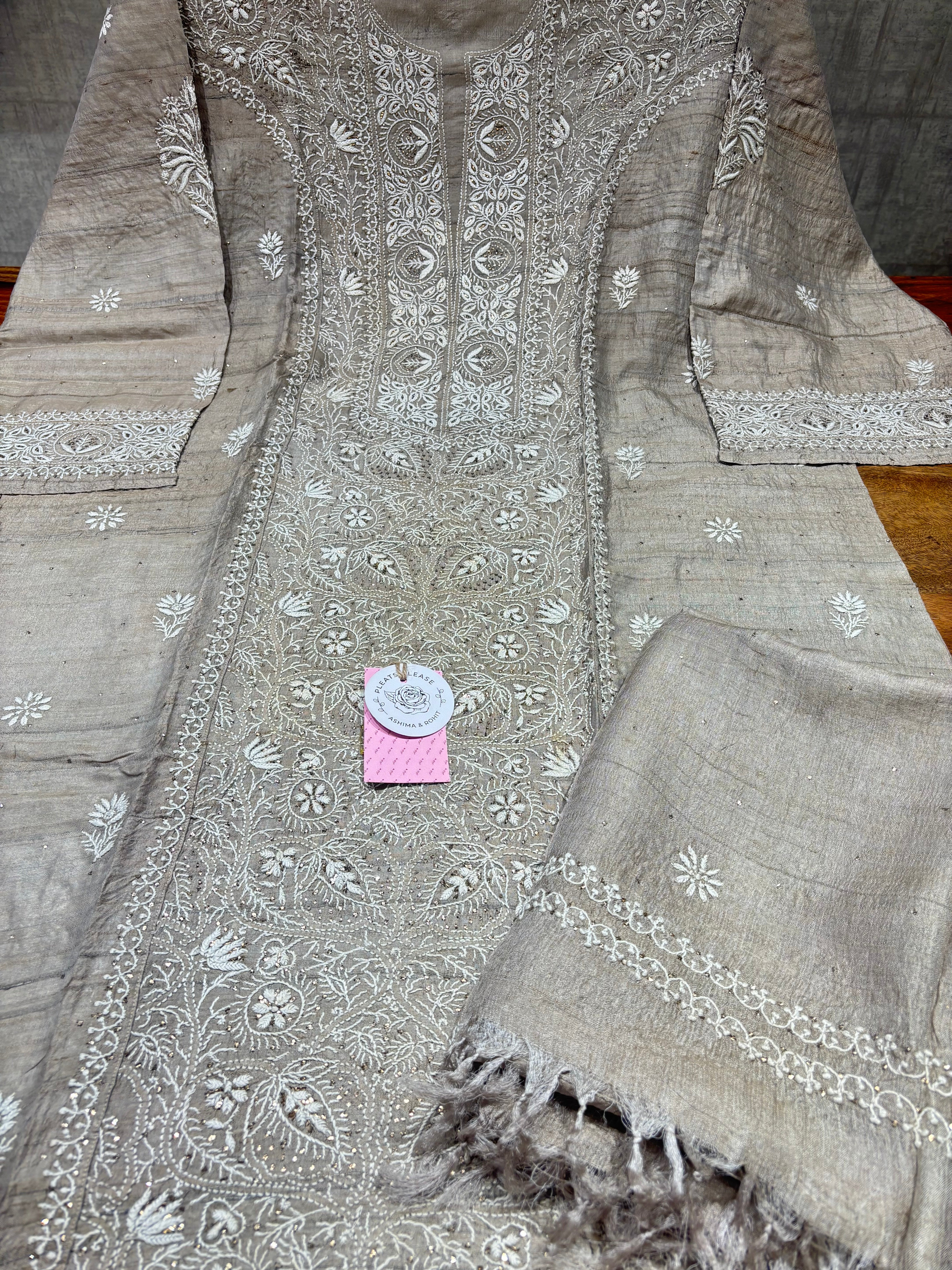 Charcoal Gray Pure & Premium Tussar Silk Chikankari & Mukaish Kurta & Dupatta Set