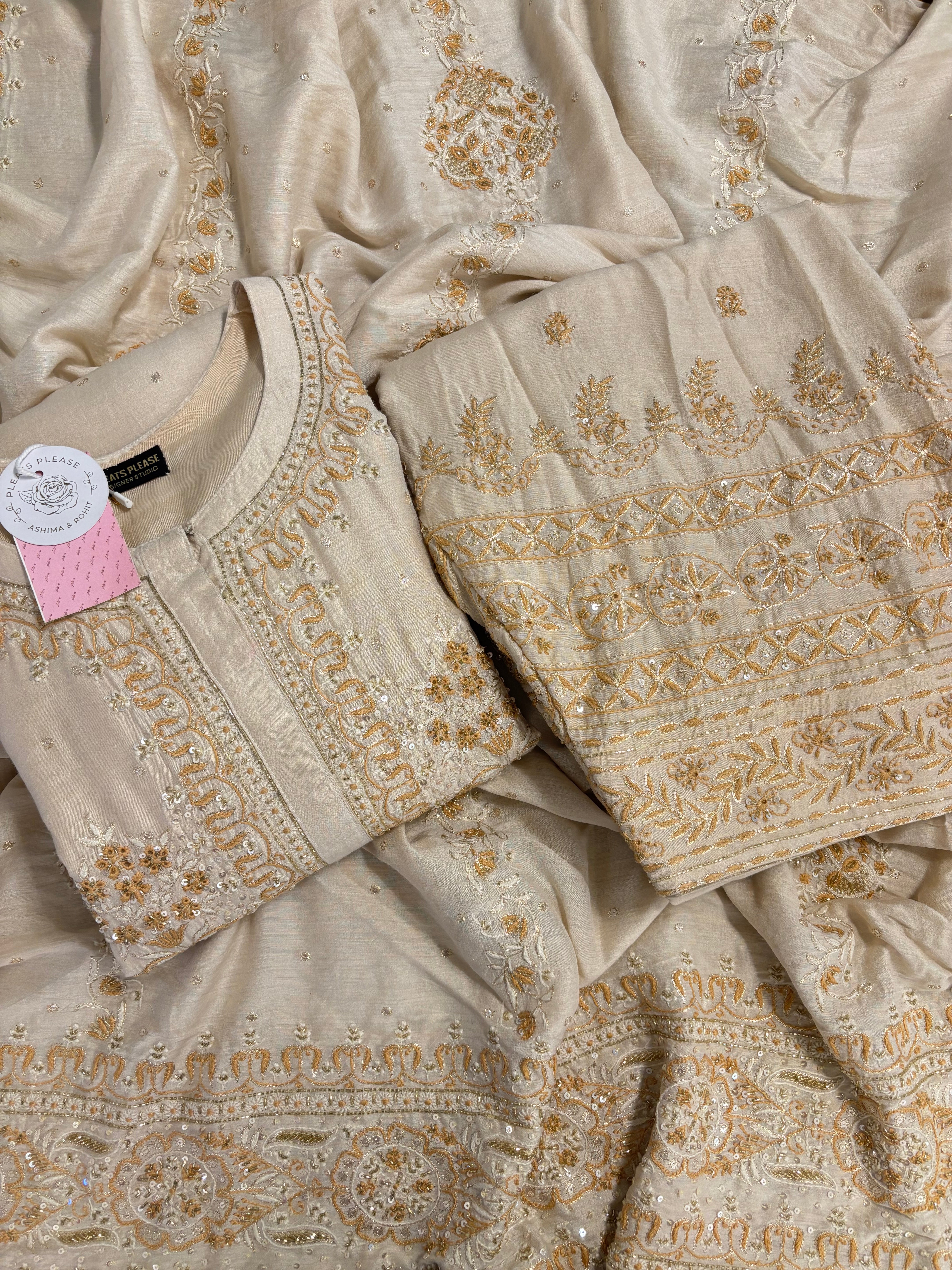 Dyeable Monga Silk A-Line Chikankari Kurta & Dupatta With Bottom