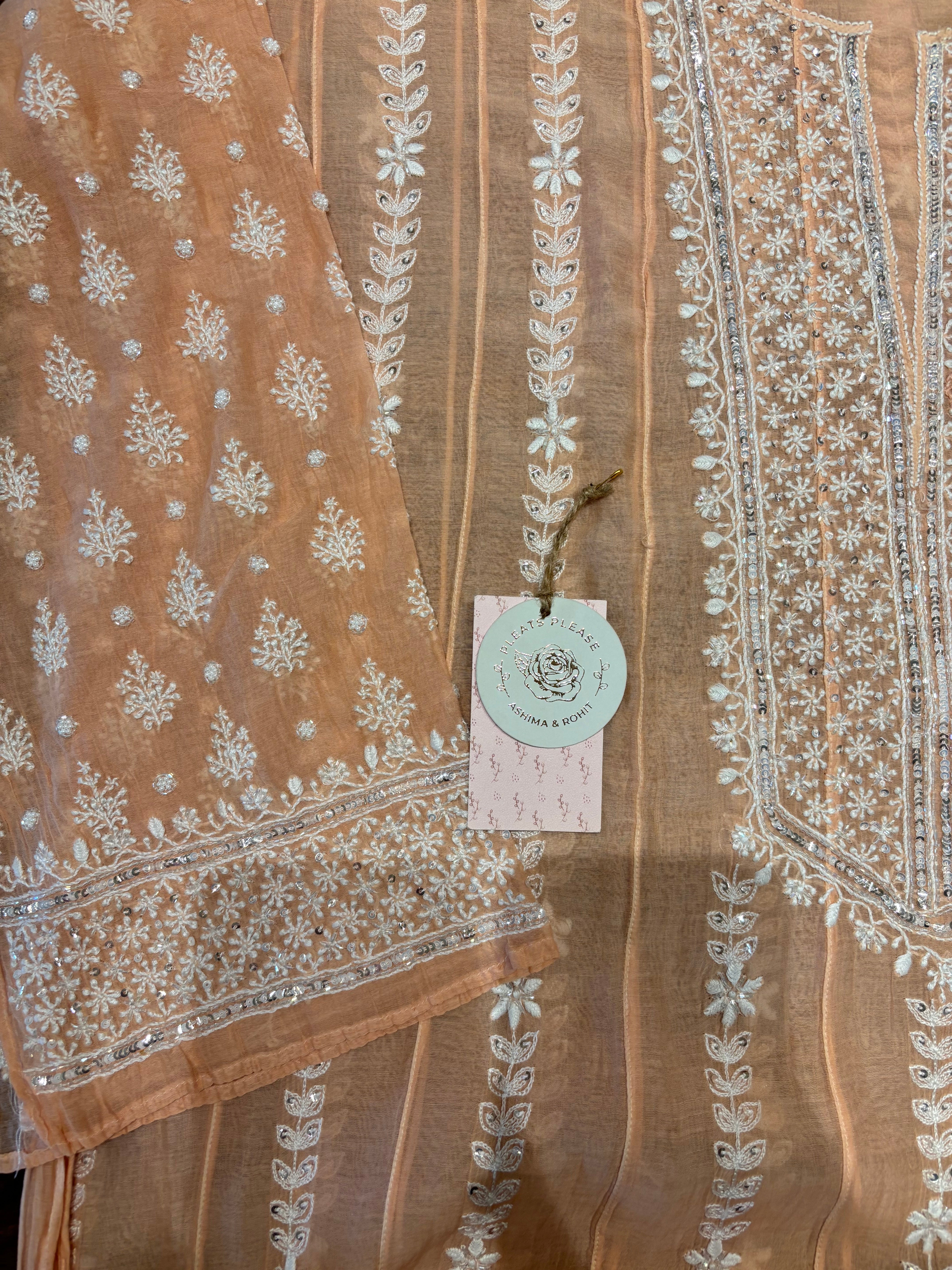 Peach Chanderi mul Chikankati Anarkali &Dupatta Set