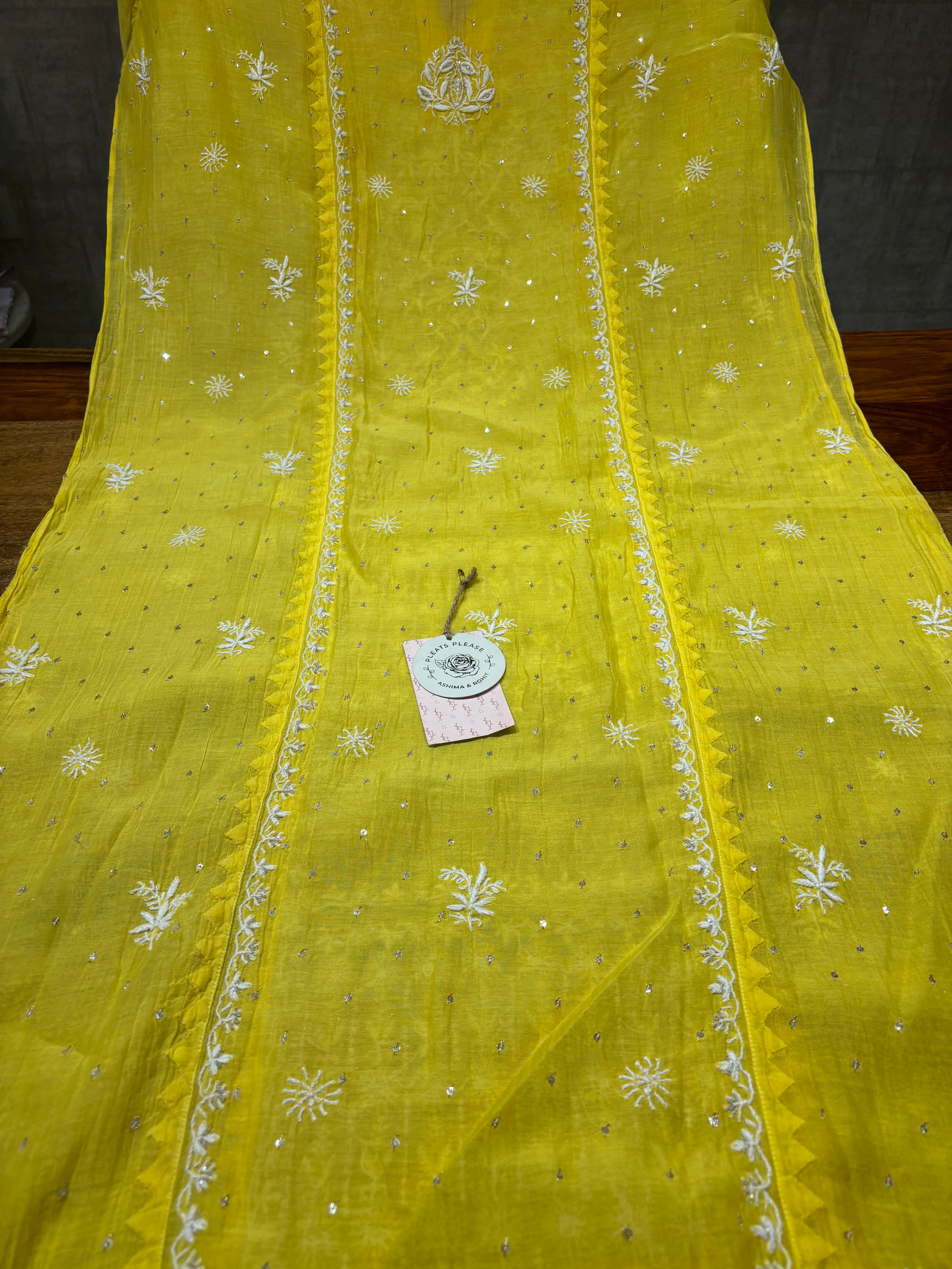 Yellow Chanderi Mul Chikankari Kurta and Dupatta set