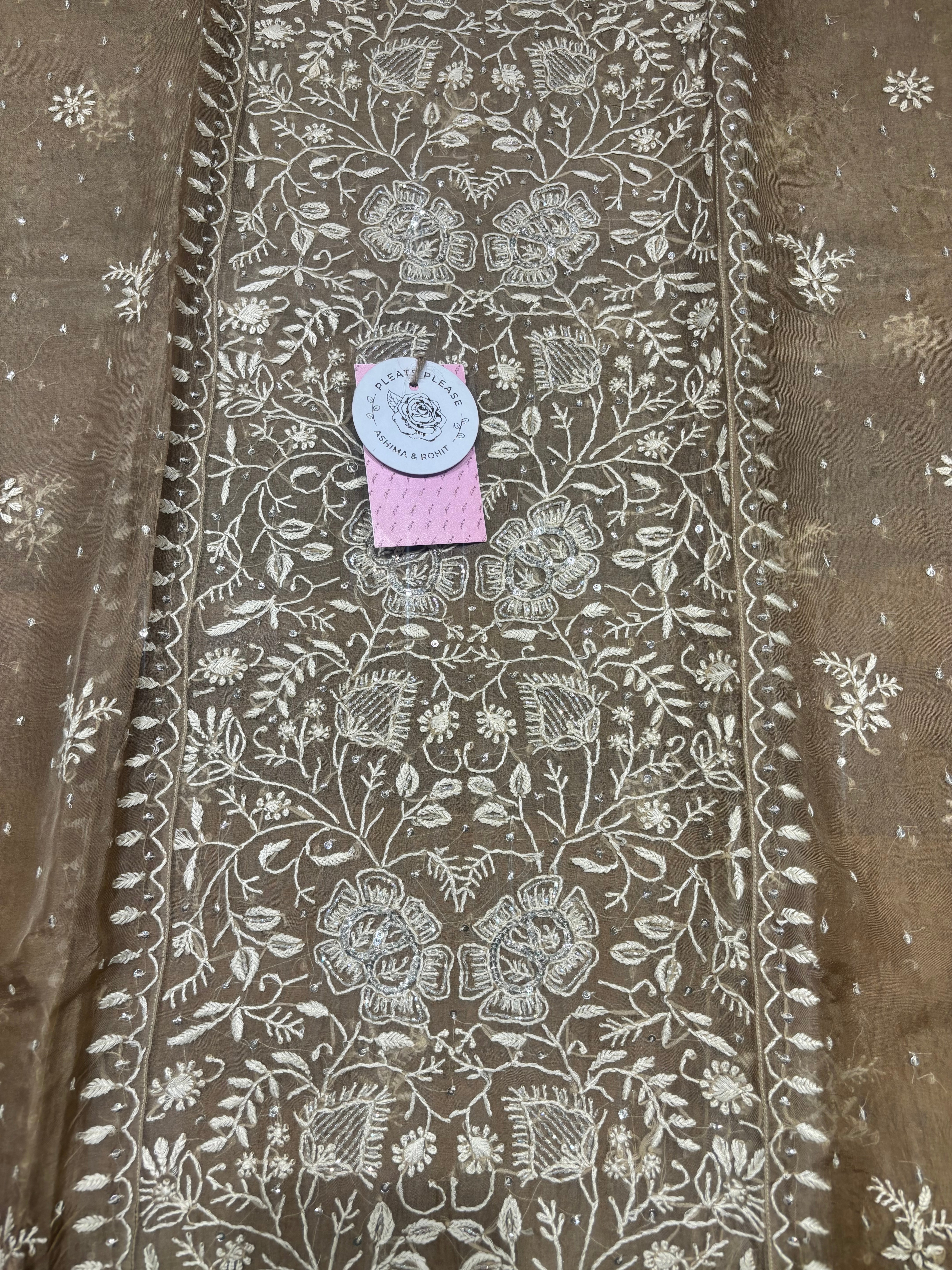 Brown Pure & Premium Organza Silk Chikankari Kurta & Dupatta Set