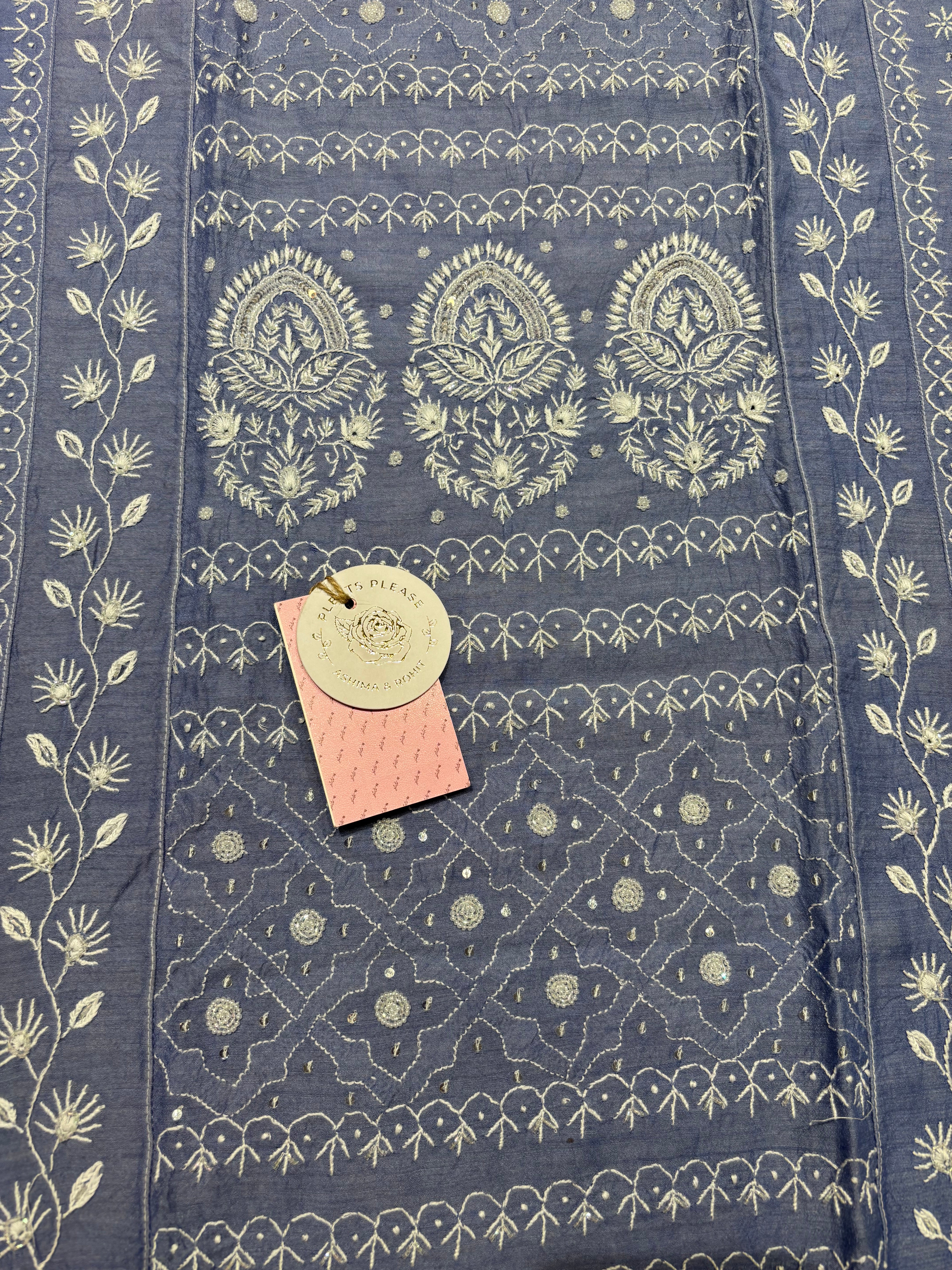 Blue pure Monga Silk Chikankari Kurta and Dupatta Set